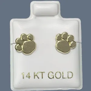 Dog Puppy Paw Print Stud Earrings 14K Solid Yellow Gold With Safety Backing