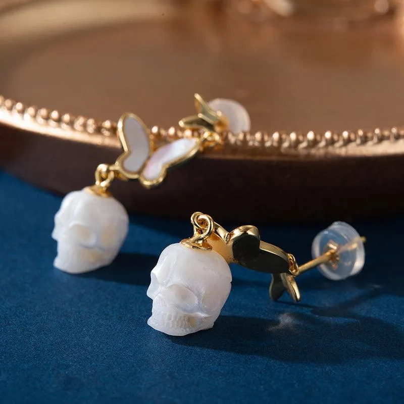 Double Butterfly Pearl Skull Drop Earrings