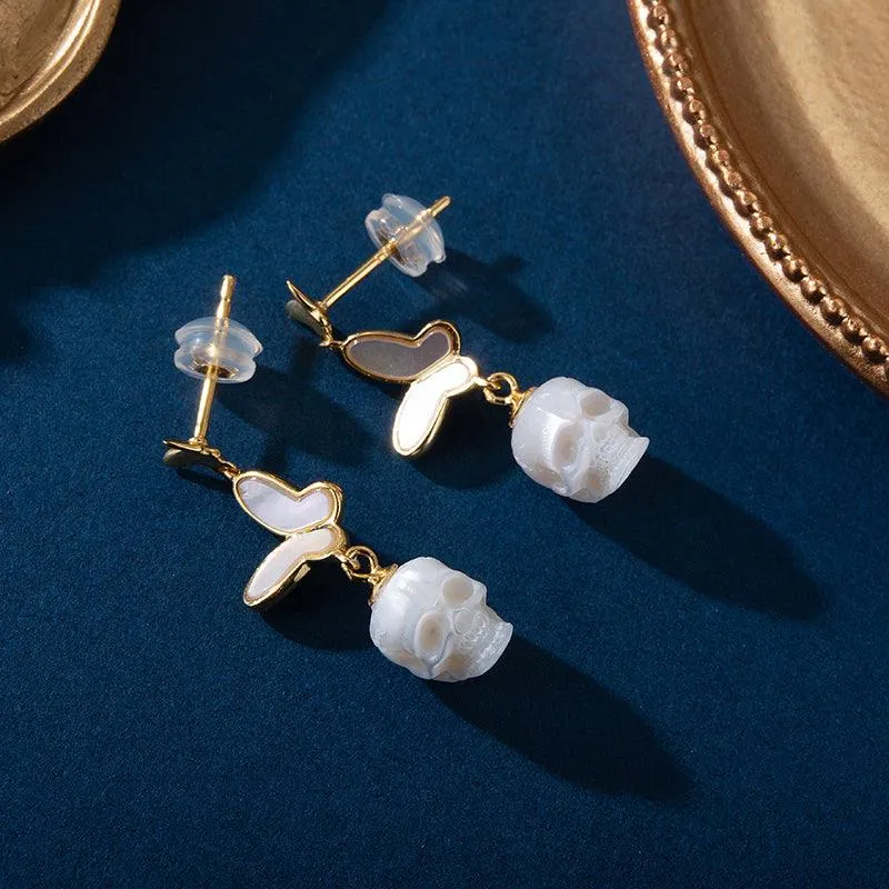 Double Butterfly Pearl Skull Drop Earrings