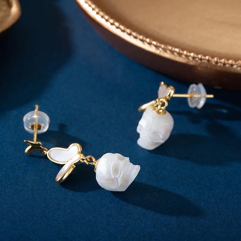 Double Butterfly Pearl Skull Drop Earrings