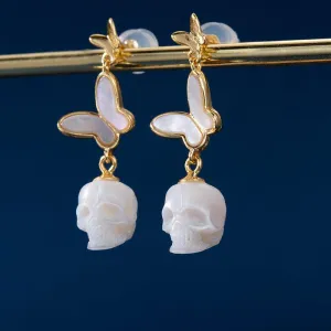 Double Butterfly Pearl Skull Drop Earrings