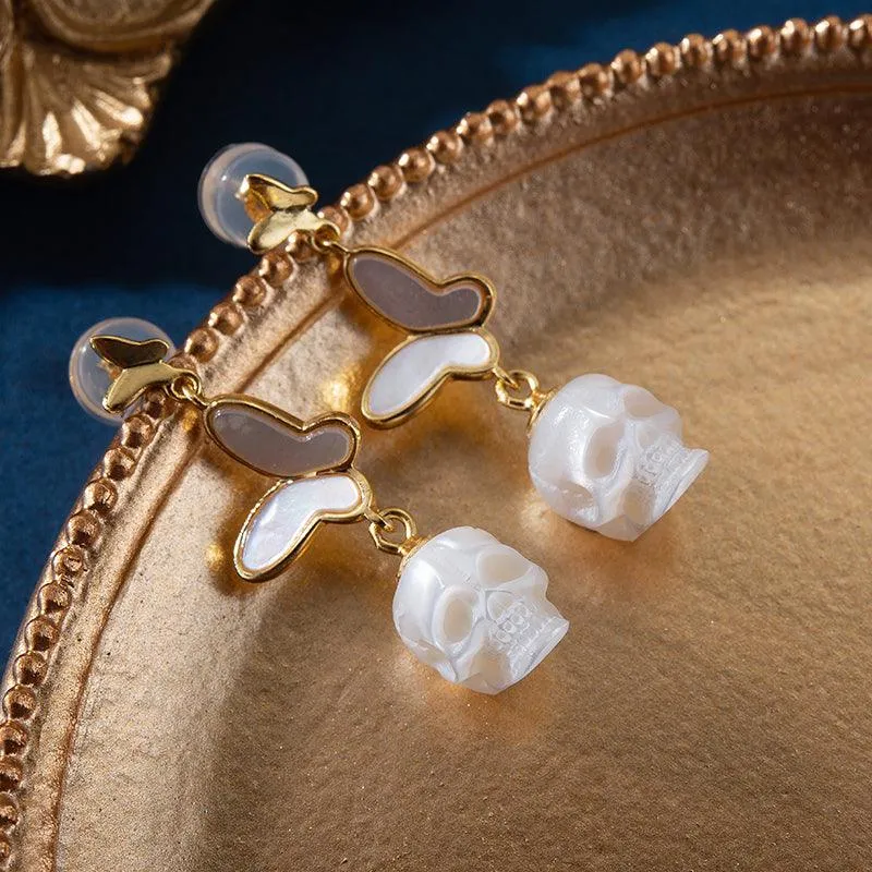 Double Butterfly Pearl Skull Drop Earrings