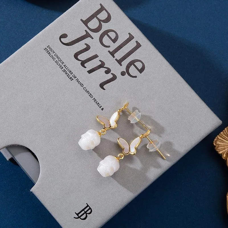 Double Butterfly Pearl Skull Drop Earrings