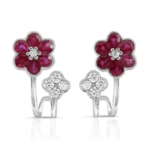 Double Flower Style Stud Earrings with Rubies and Diamonds in 18k White Gold Setting