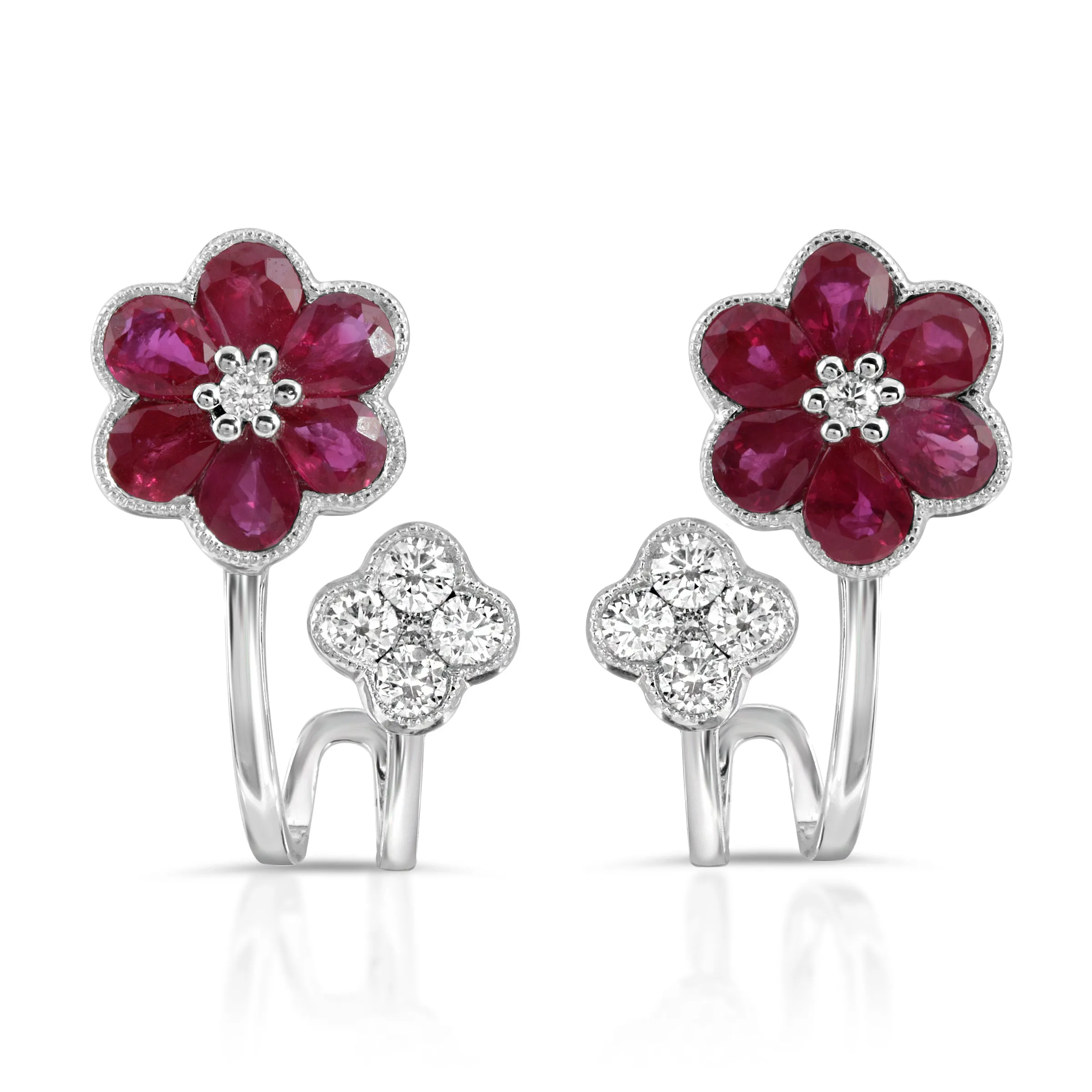 Double Flower Style Stud Earrings with Rubies and Diamonds in 18k White Gold Setting