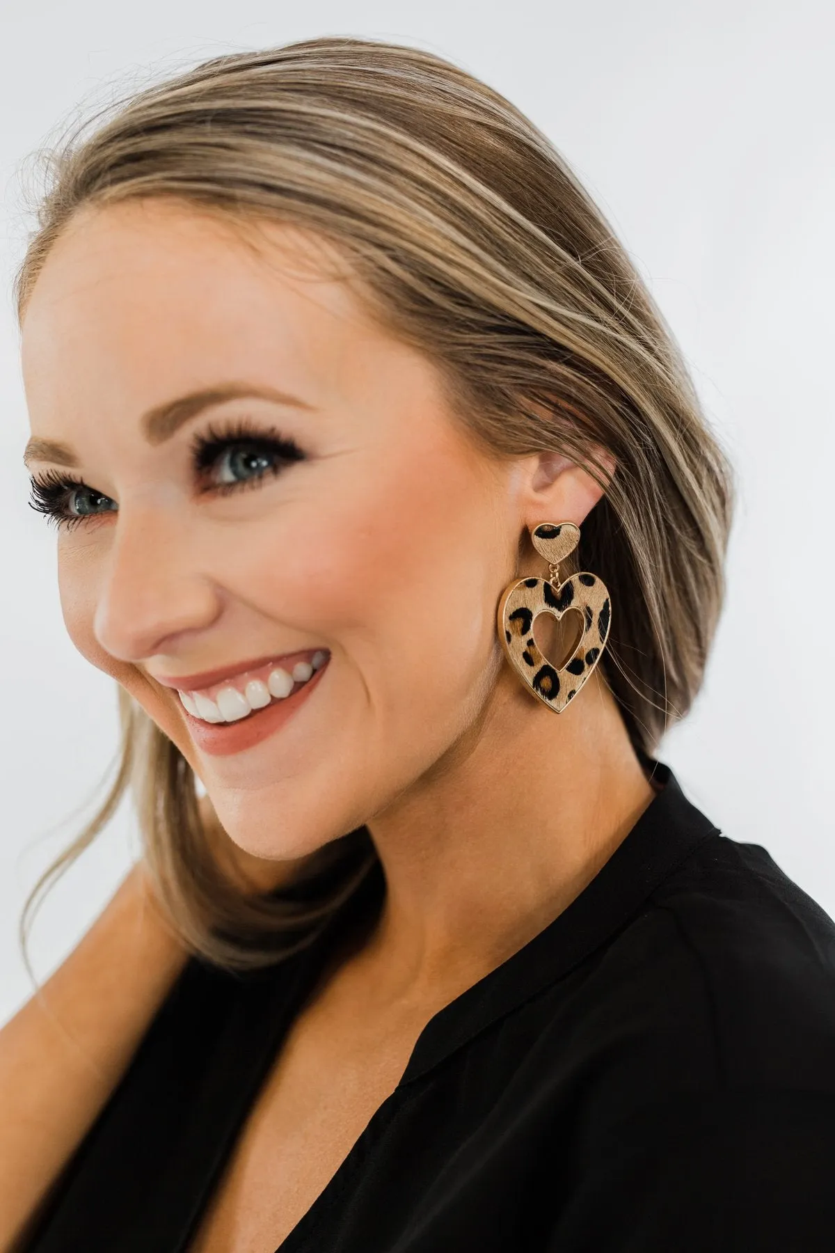Double Heart Dangle Earrings- Leopard