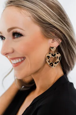 Double Heart Dangle Earrings- Leopard