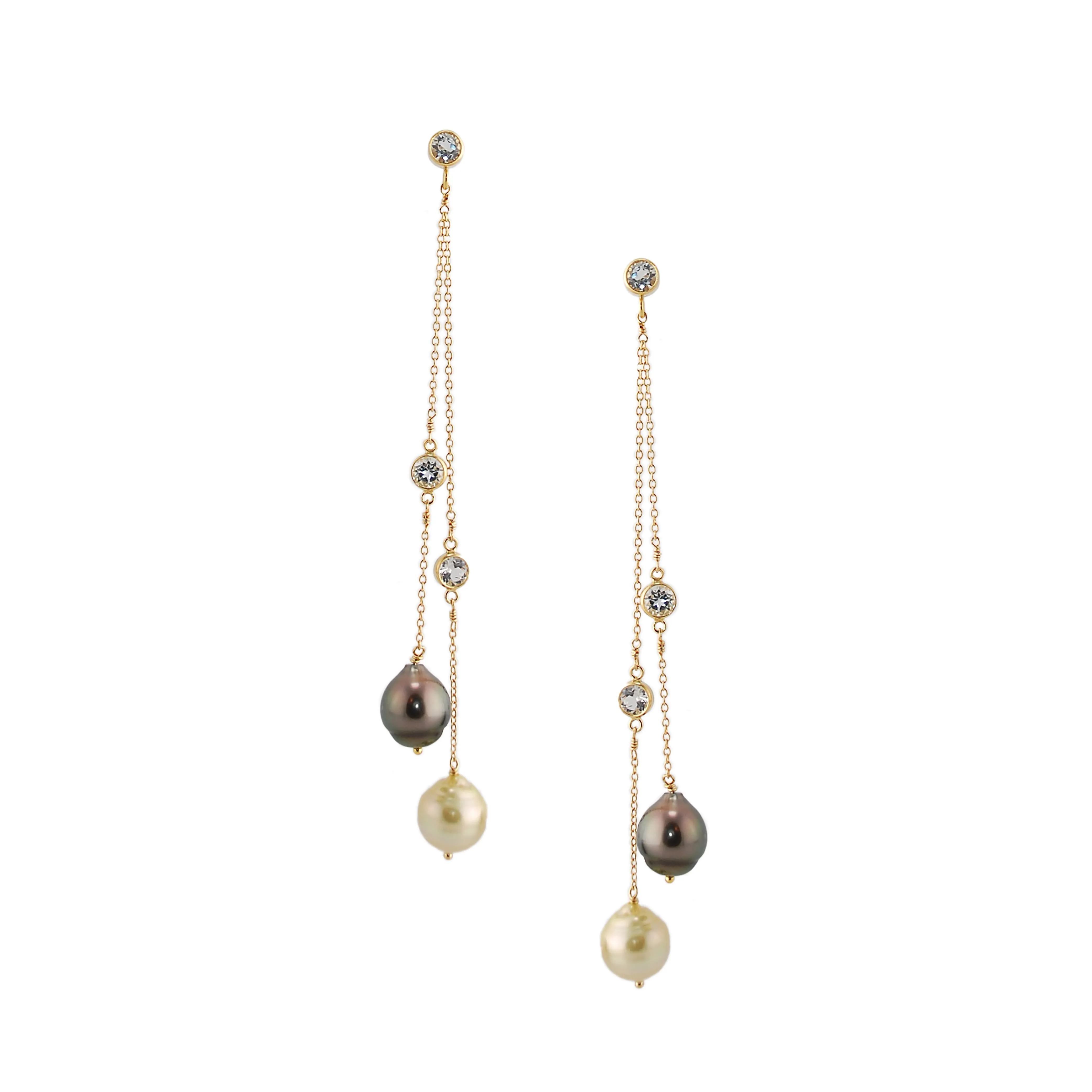 Double Strand Saltwater Pearl and White Topaz Long Earring