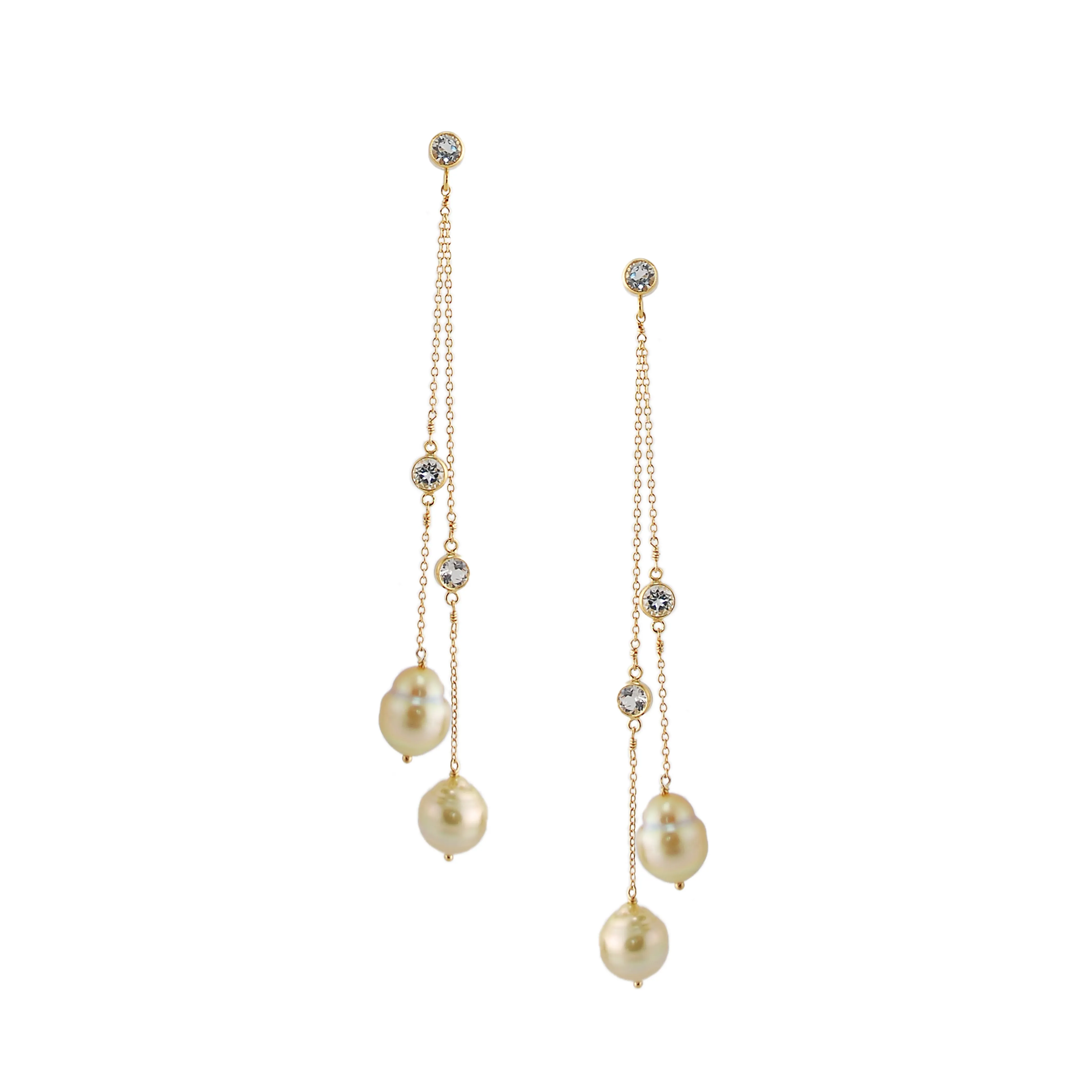 Double Strand Saltwater Pearl and White Topaz Long Earring
