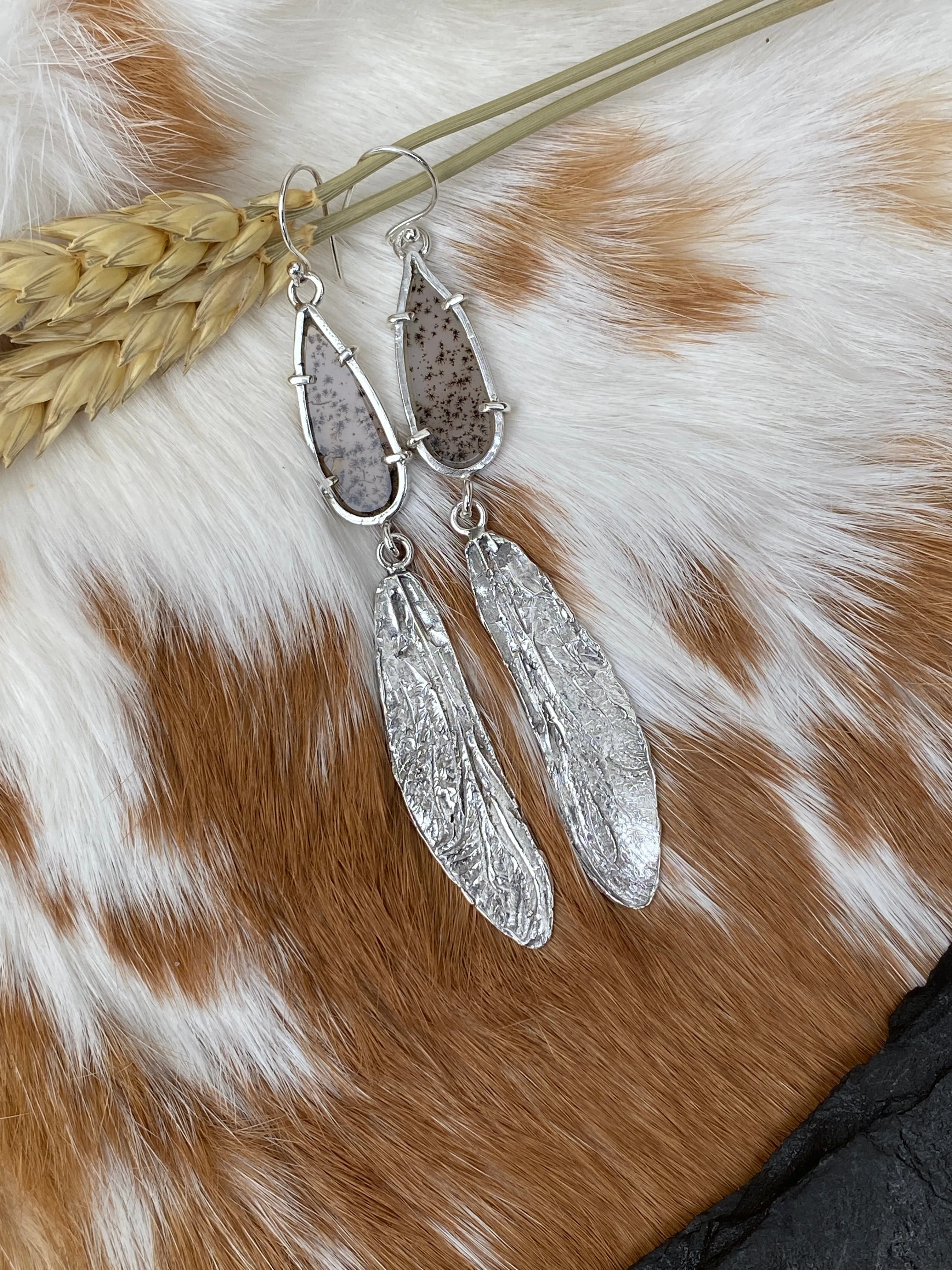 Dragonfly wings & Dendritic teardrop hand cast Sterling Silver Earrings