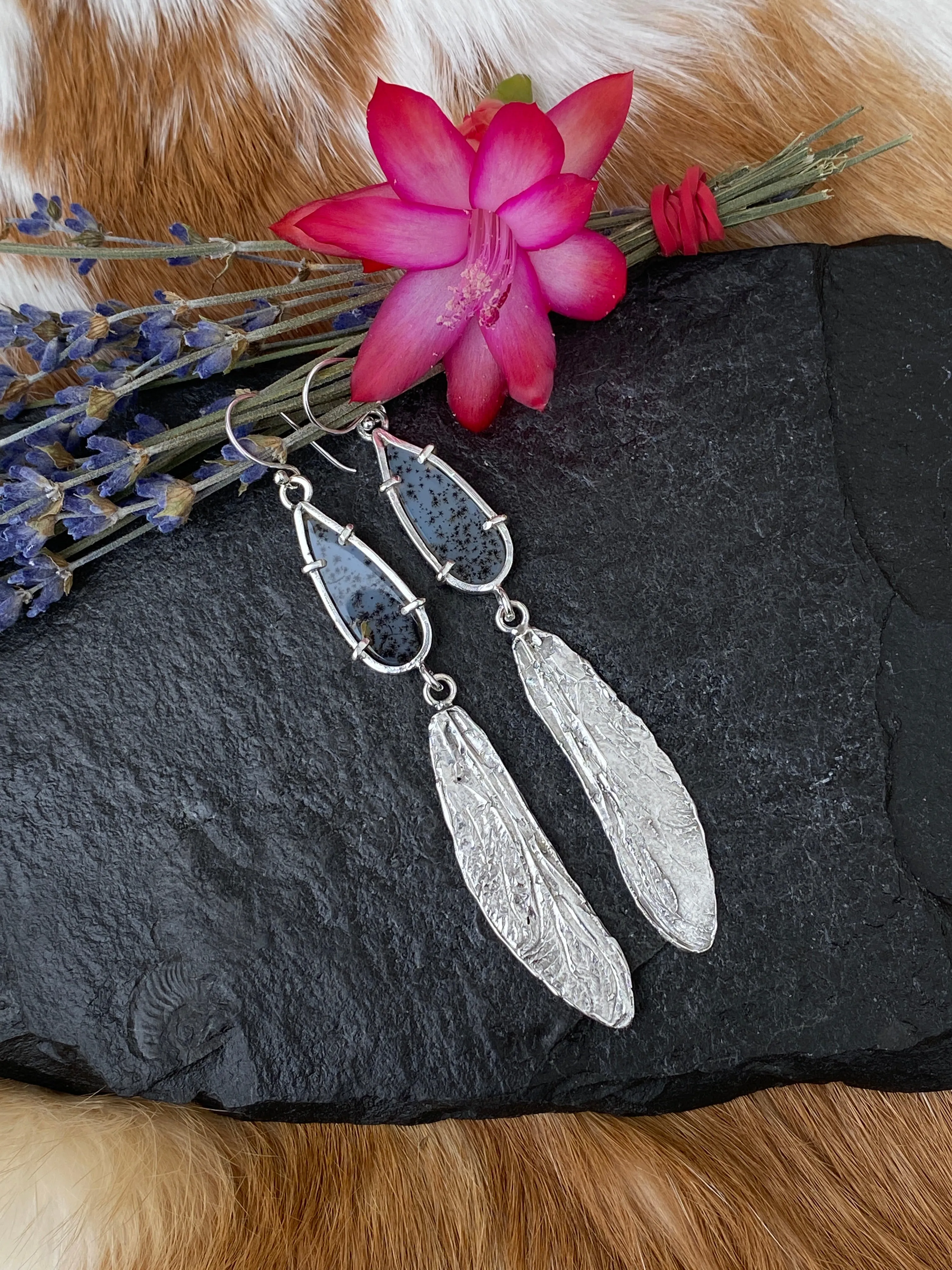 Dragonfly wings & Dendritic teardrop hand cast Sterling Silver Earrings