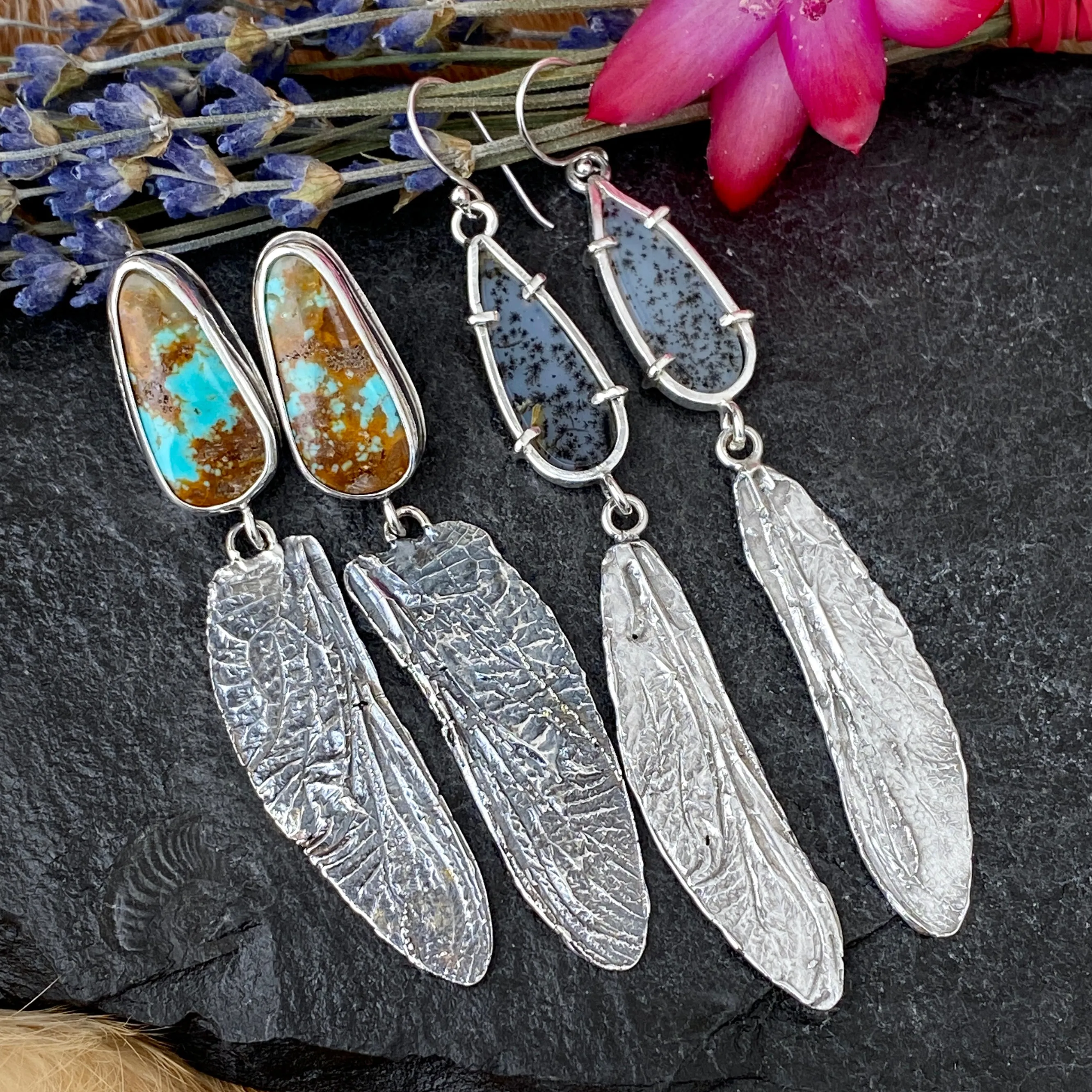 Dragonfly wings & Dendritic teardrop hand cast Sterling Silver Earrings