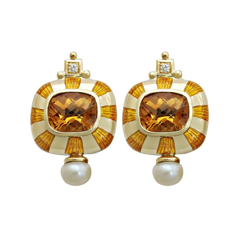 Earrings-Citrine, Pearl and Diamond (Enamel)  (1714G)