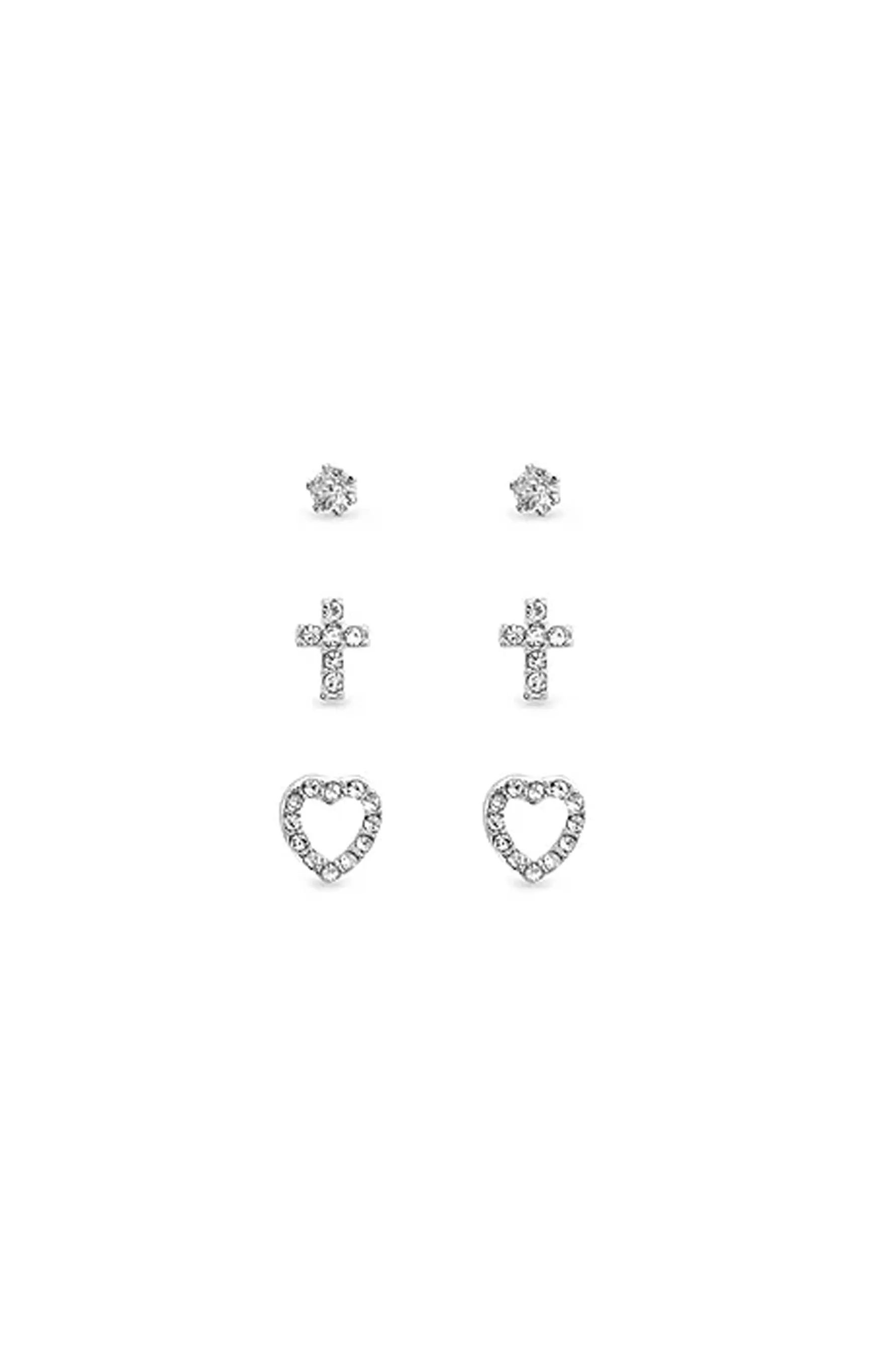 EarSense F408 Silver Cubic Zirconia, Cross and Heart Trio