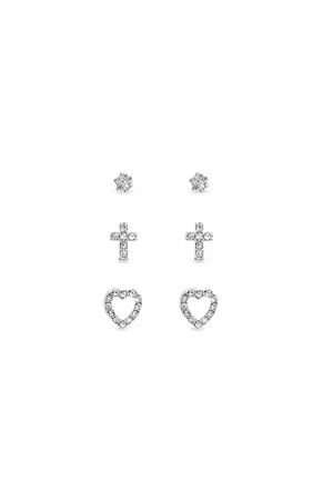 EarSense F408 Silver Cubic Zirconia, Cross and Heart Trio