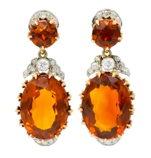 Edwardian 17.66 CTW Maderia Citrine Diamond Platinum 14 Karat Gold Drop Earrings