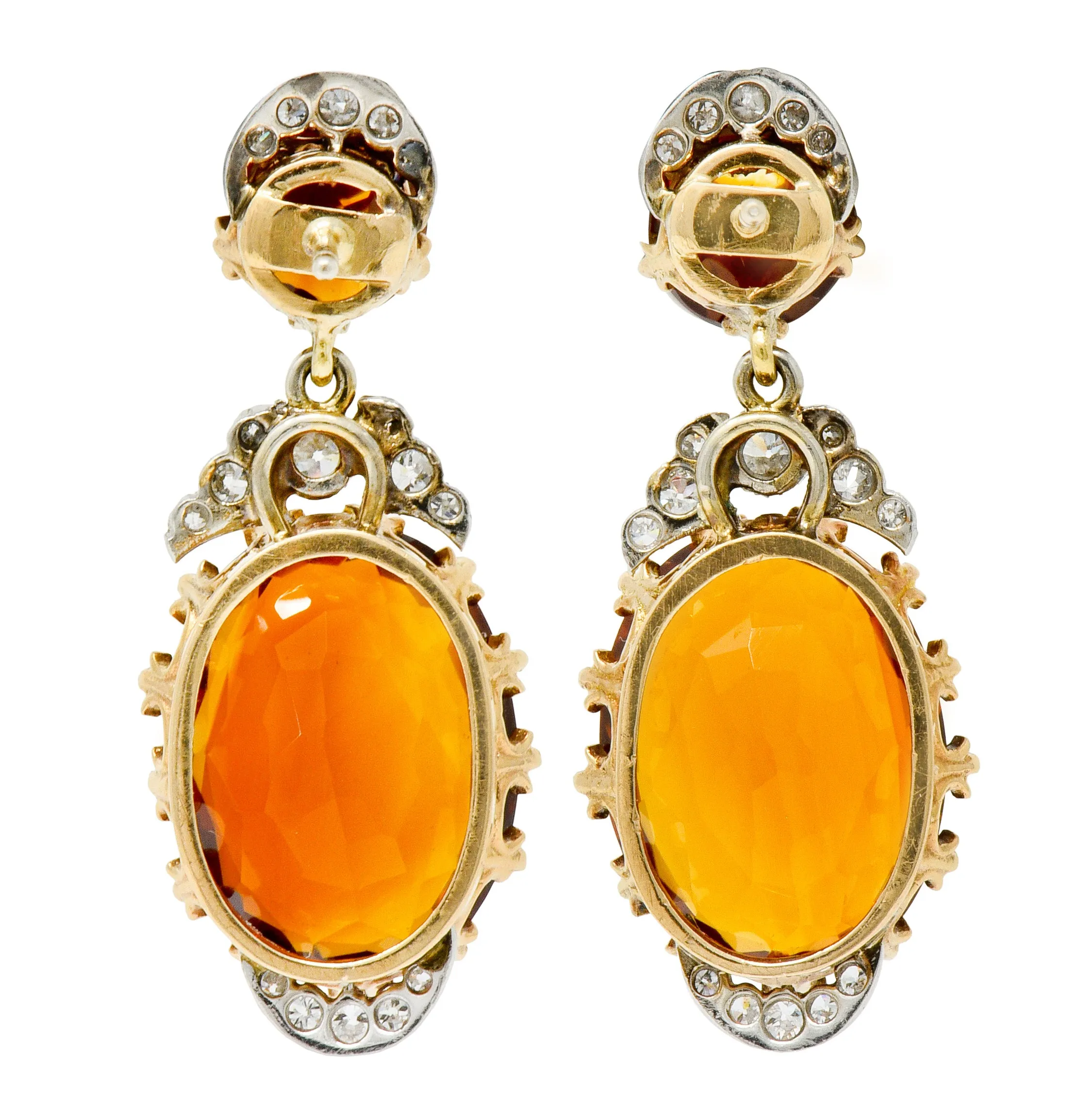 Edwardian 17.66 CTW Maderia Citrine Diamond Platinum 14 Karat Gold Drop Earrings