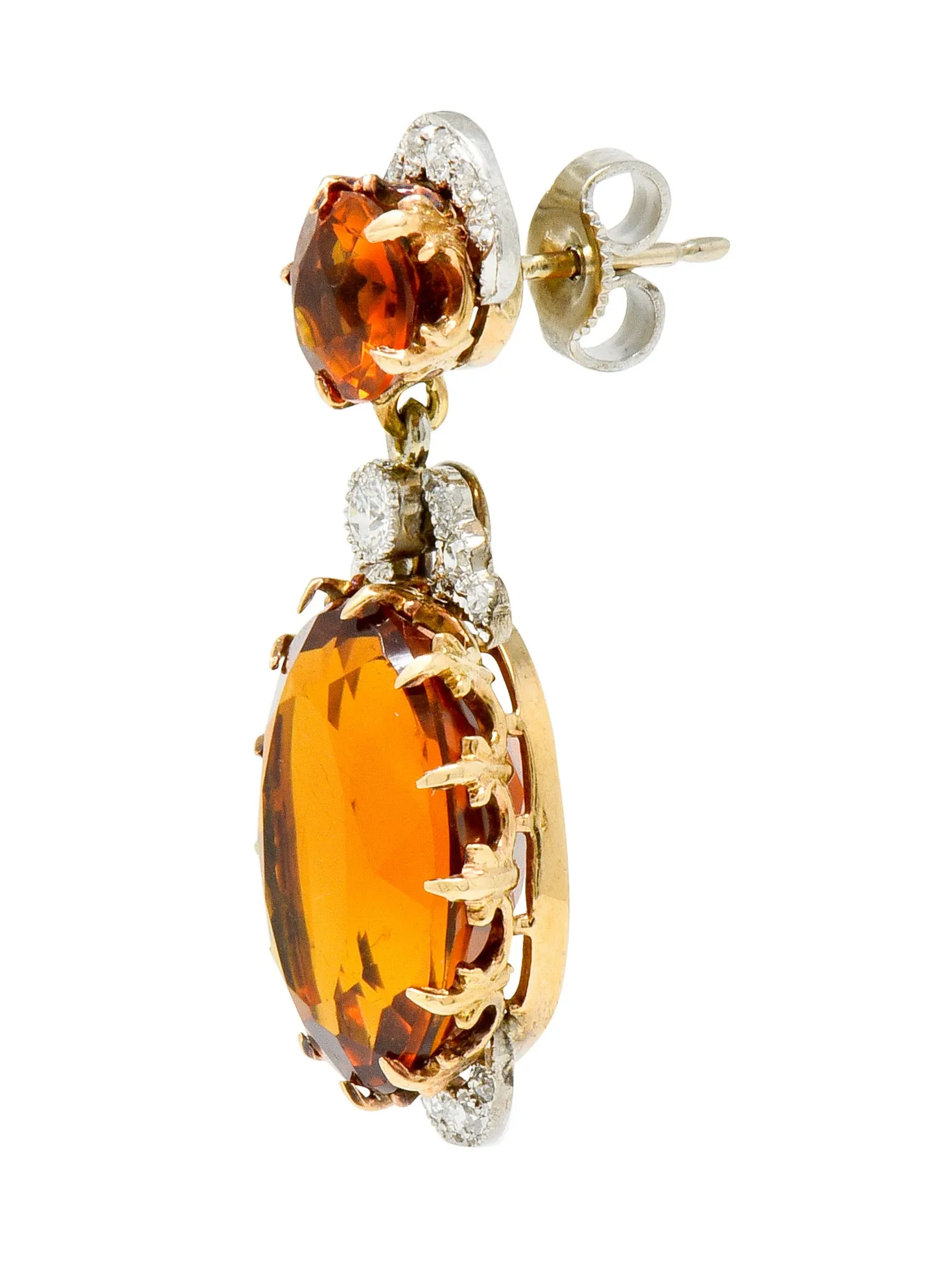 Edwardian 17.66 CTW Maderia Citrine Diamond Platinum 14 Karat Gold Drop Earrings