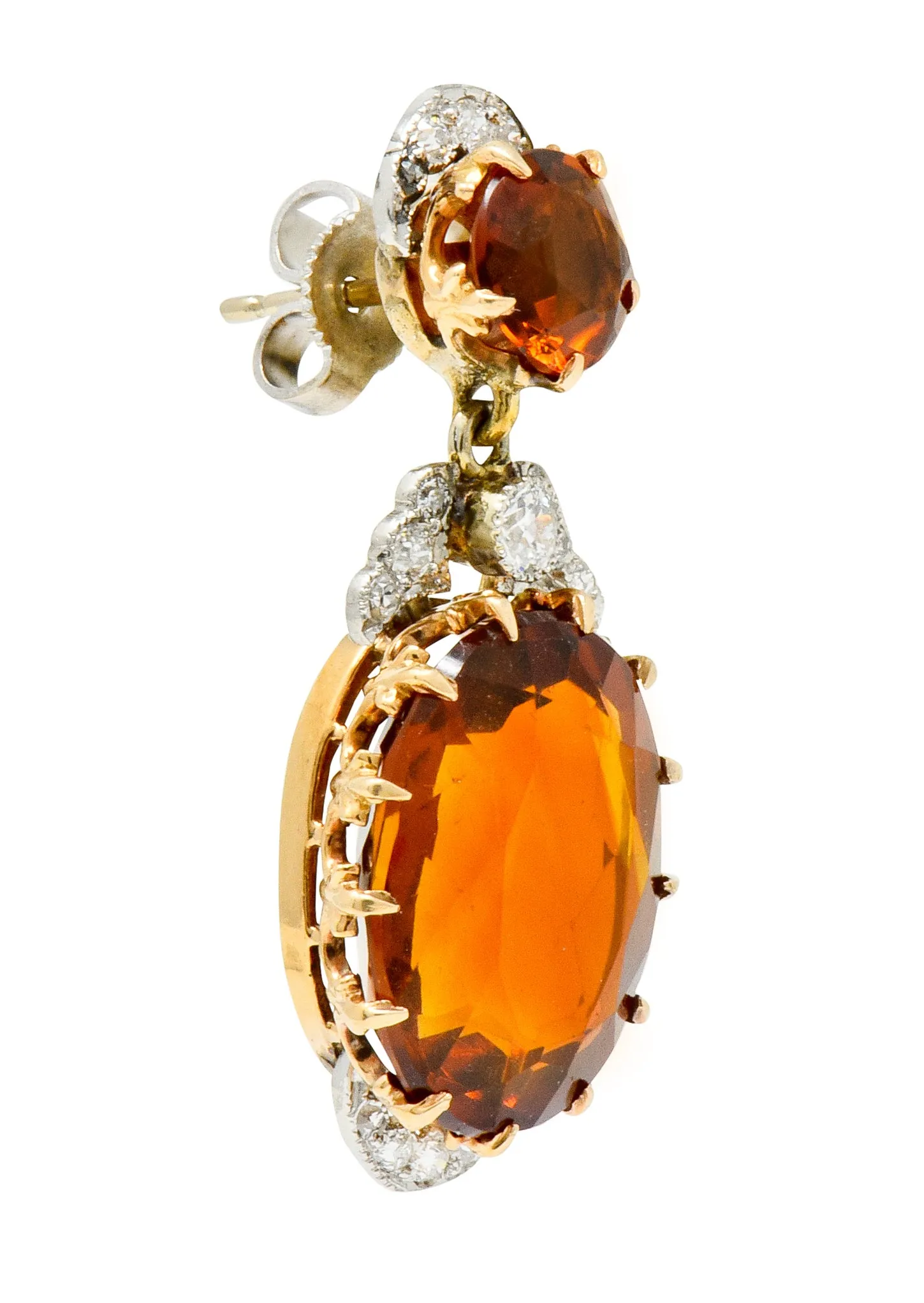 Edwardian 17.66 CTW Maderia Citrine Diamond Platinum 14 Karat Gold Drop Earrings