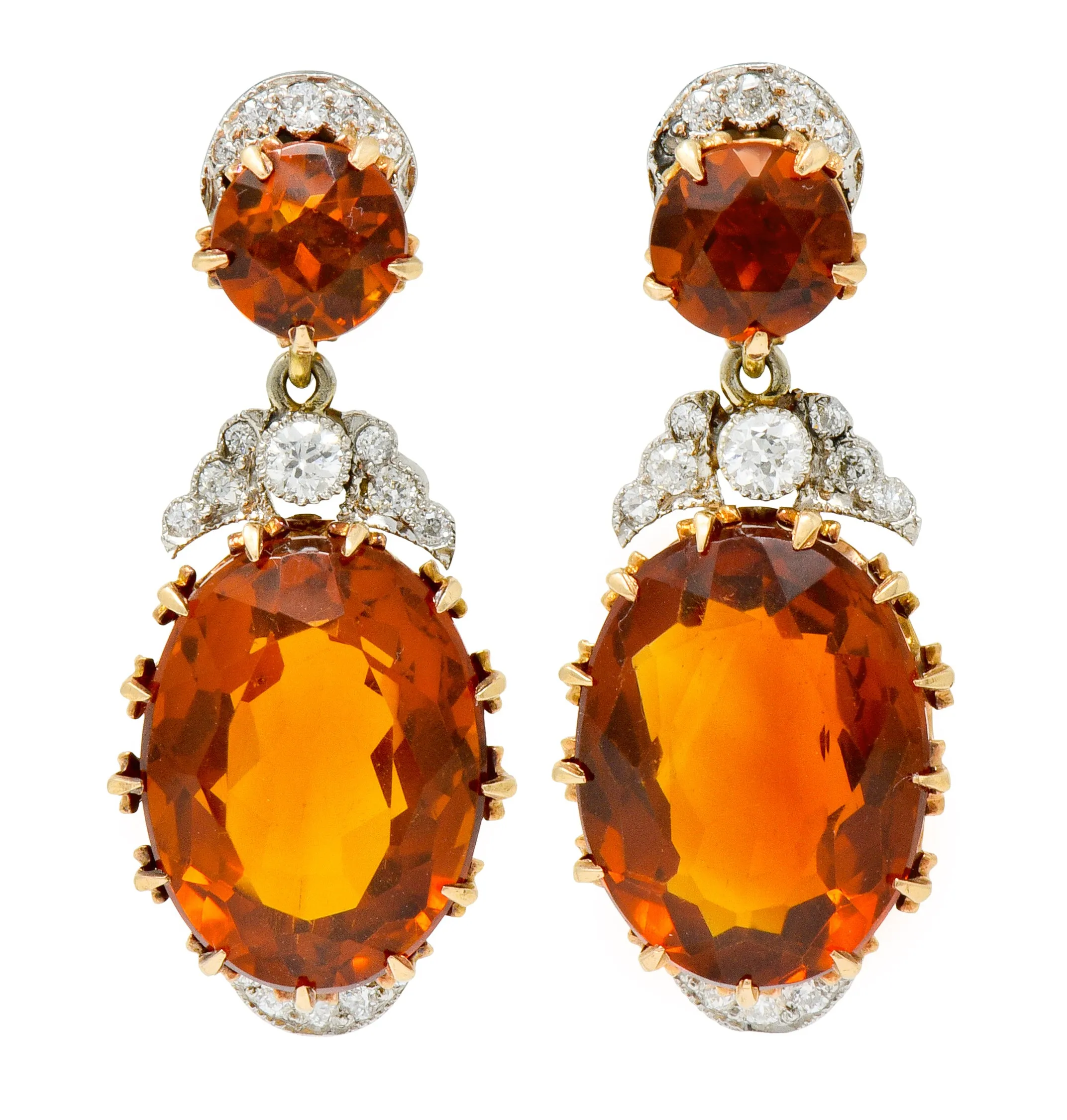 Edwardian 17.66 CTW Maderia Citrine Diamond Platinum 14 Karat Gold Drop Earrings
