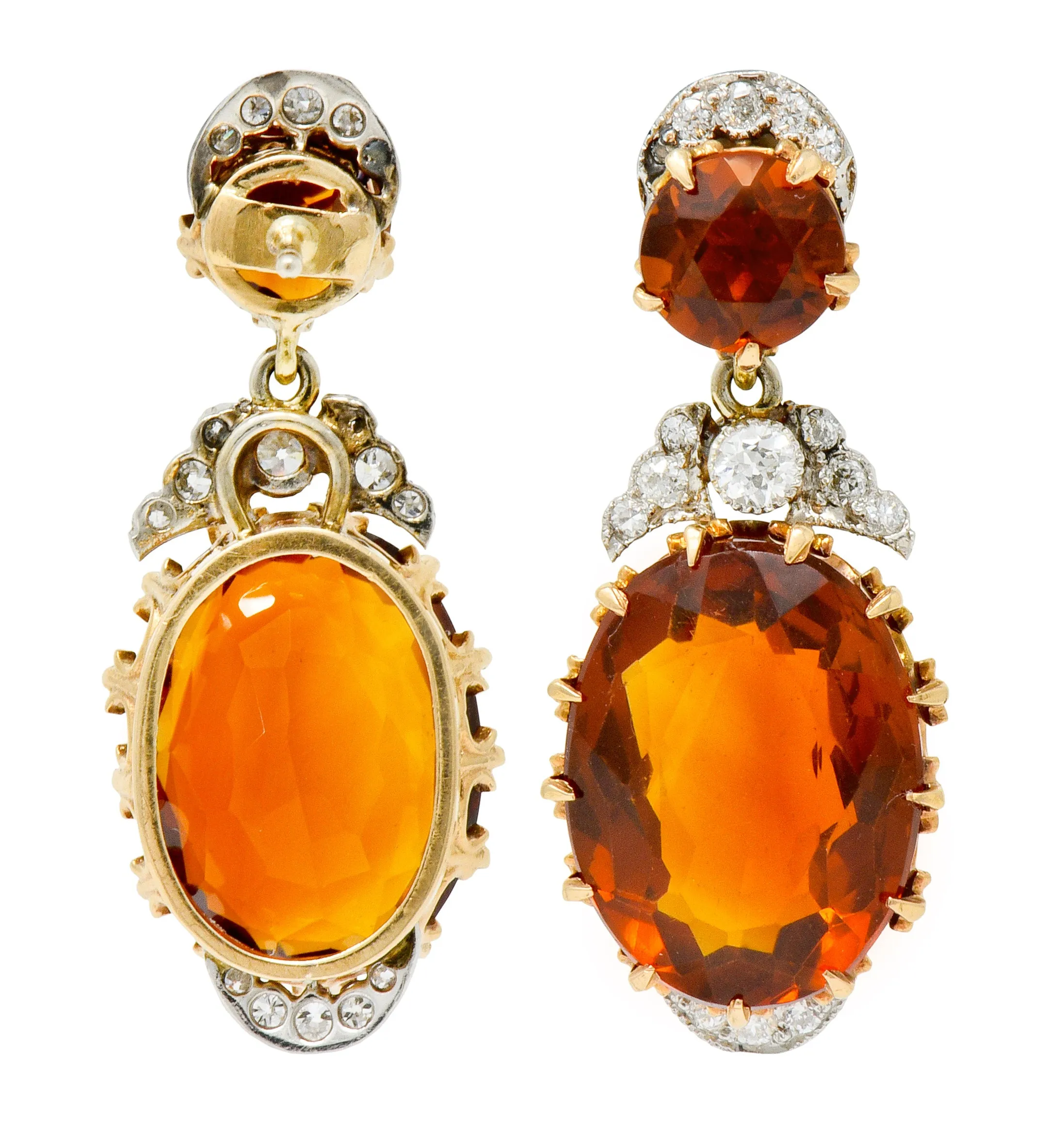 Edwardian 17.66 CTW Maderia Citrine Diamond Platinum 14 Karat Gold Drop Earrings