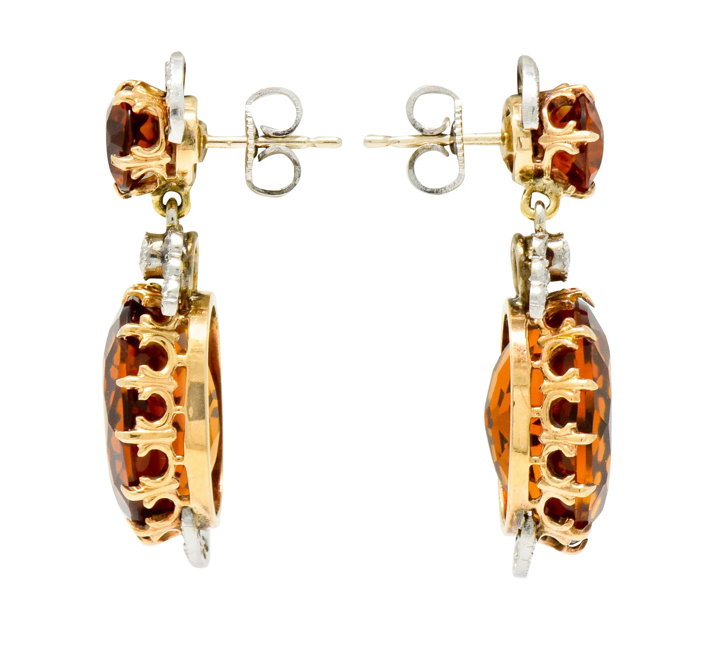 Edwardian 17.66 CTW Maderia Citrine Diamond Platinum 14 Karat Gold Drop Earrings