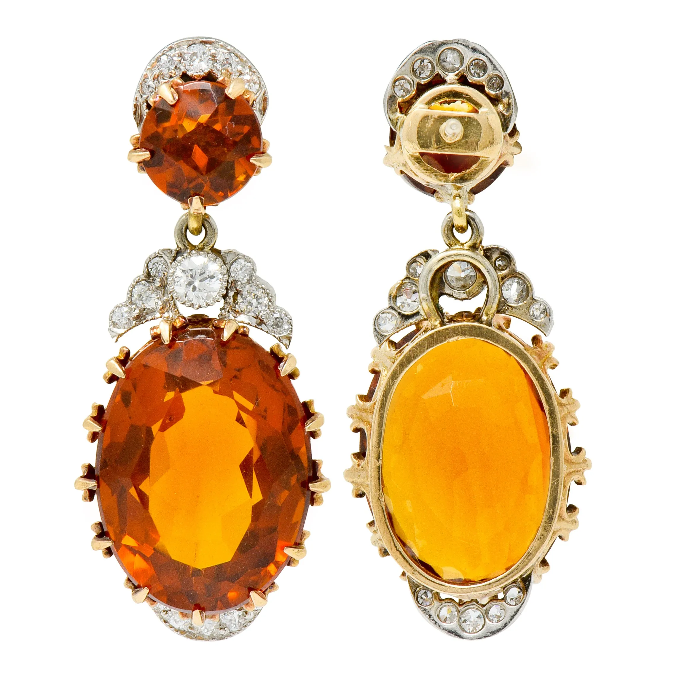 Edwardian 17.66 CTW Maderia Citrine Diamond Platinum 14 Karat Gold Drop Earrings