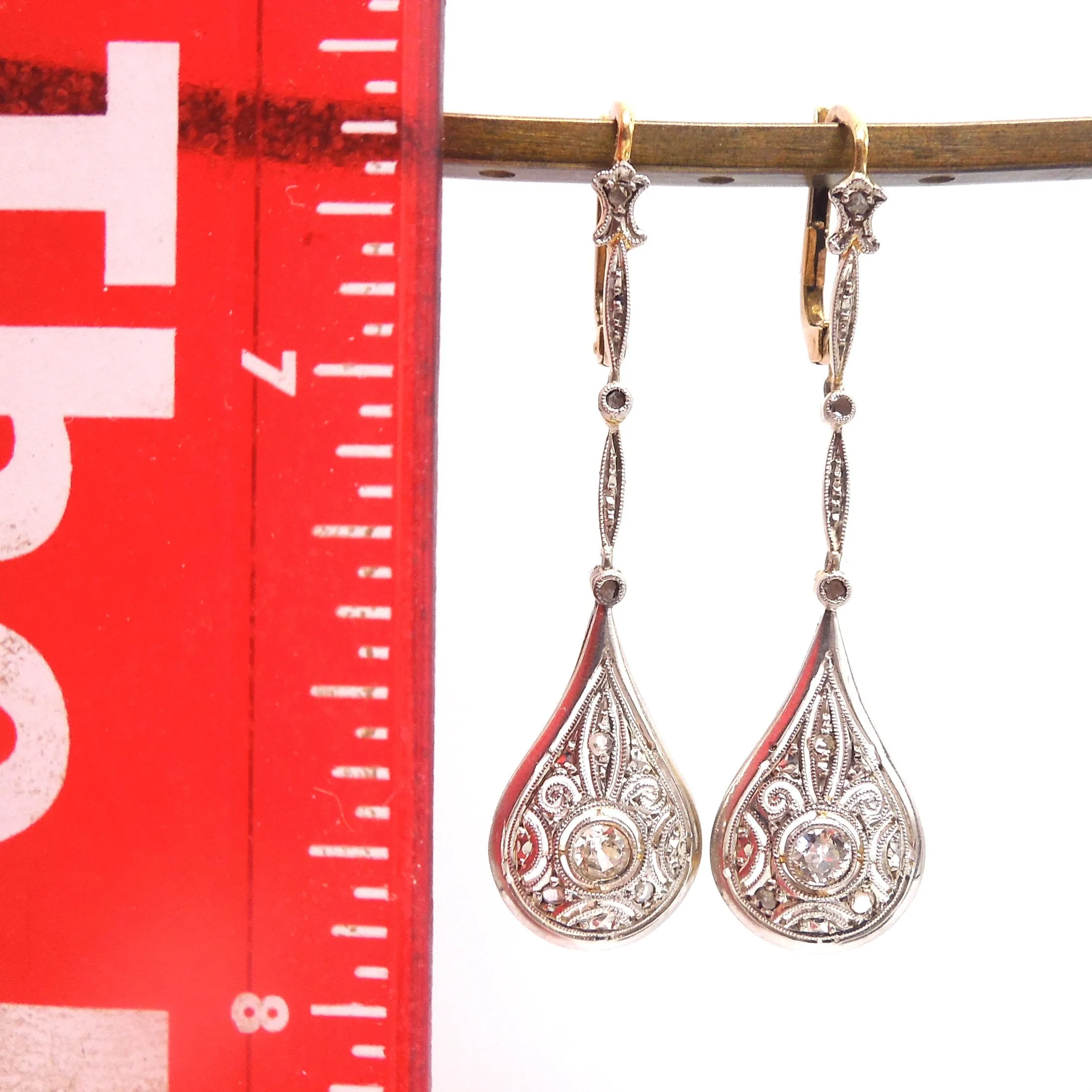 Edwardian Platinum and 18K Yellow Gold Drop Earrings with European and Rose Cut Diamonds