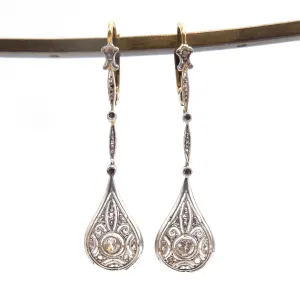 Edwardian Platinum and 18K Yellow Gold Drop Earrings with European and Rose Cut Diamonds