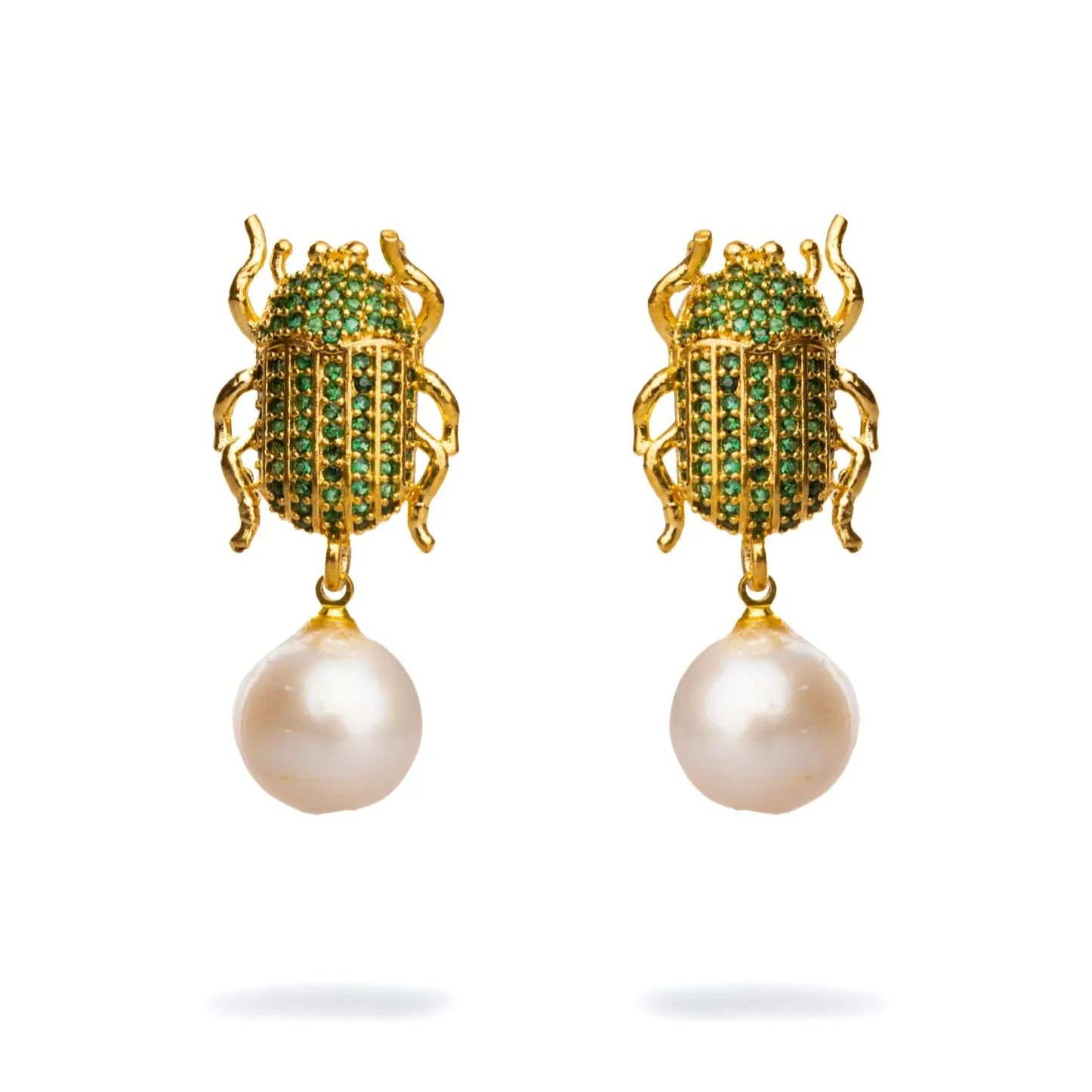 Egyptian Scarab Emerald & Pearl Dangle Mystic Earrings