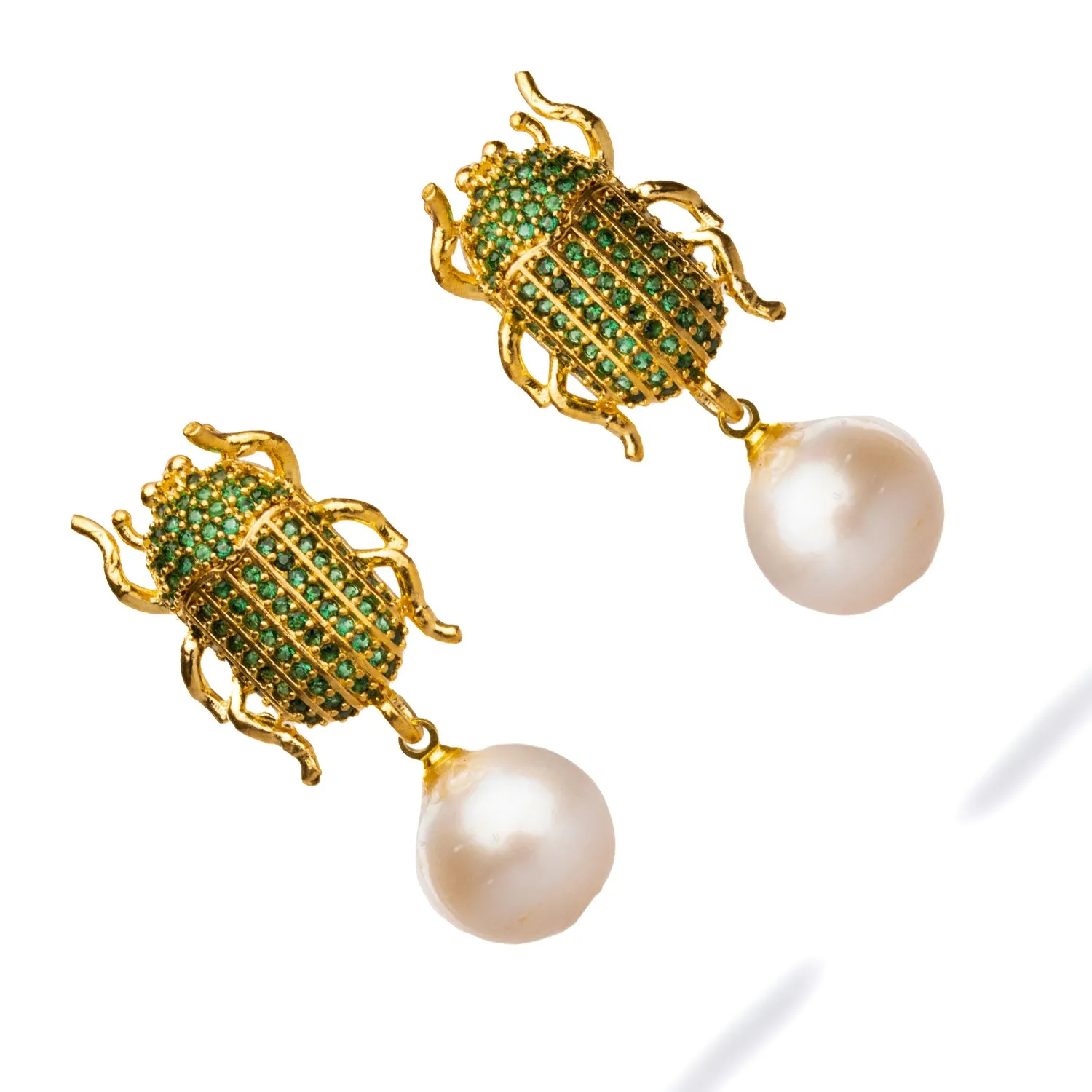 Egyptian Scarab Emerald & Pearl Dangle Mystic Earrings