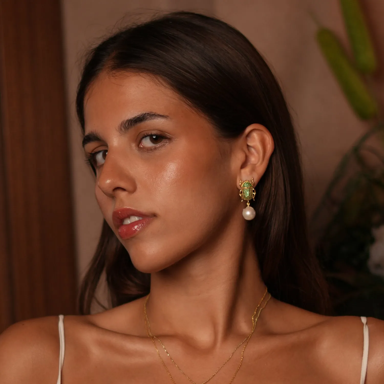 Egyptian Scarab Emerald & Pearl Dangle Mystic Earrings