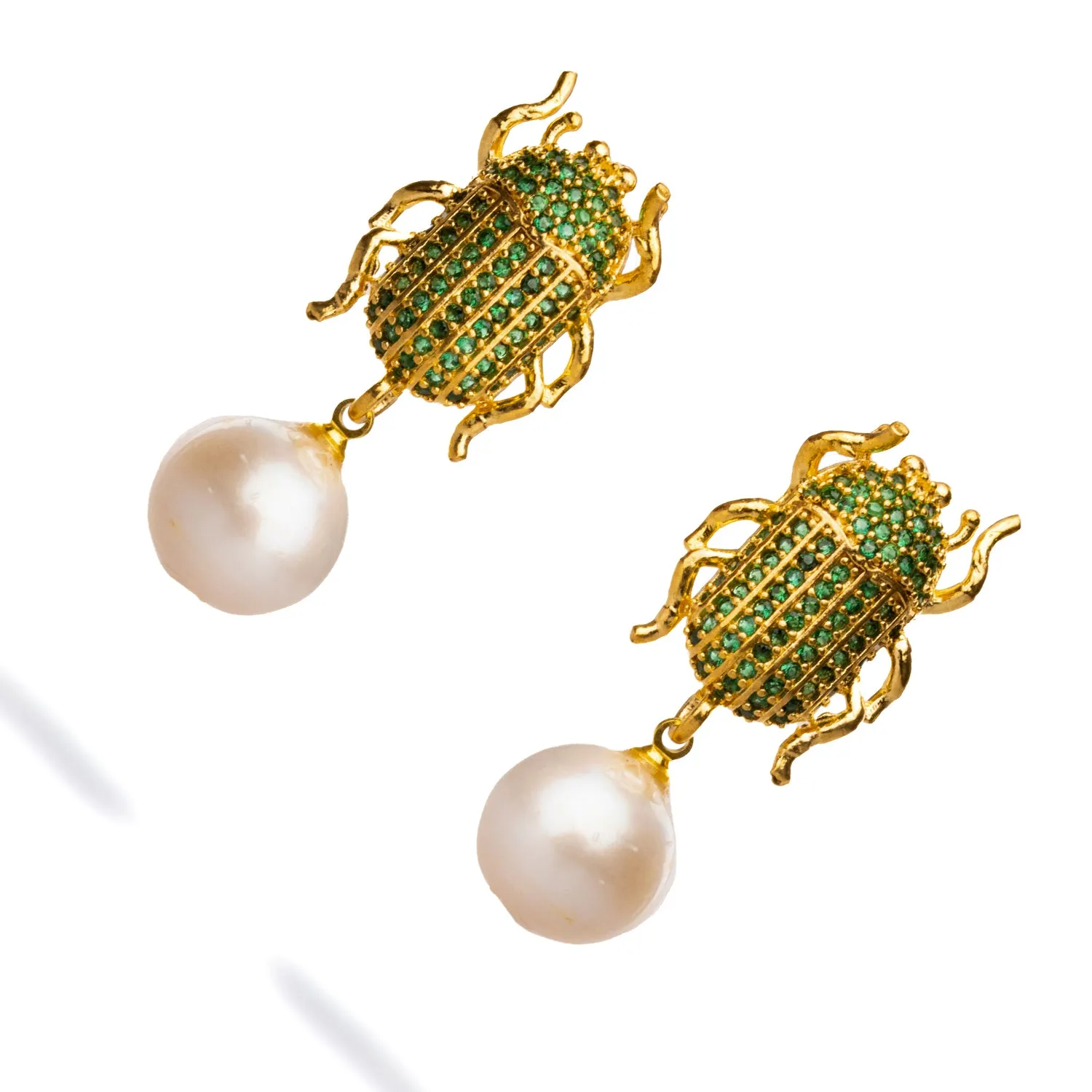 Egyptian Scarab Emerald & Pearl Dangle Mystic Earrings