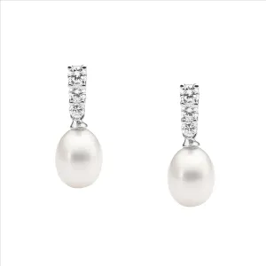 Ellani Sterling Silver CZ Pearl Drop Earrings E429