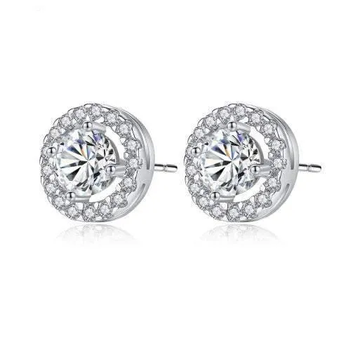 Elle Platinum Plated Cubic Zirconia Round Halo Stud Earrings