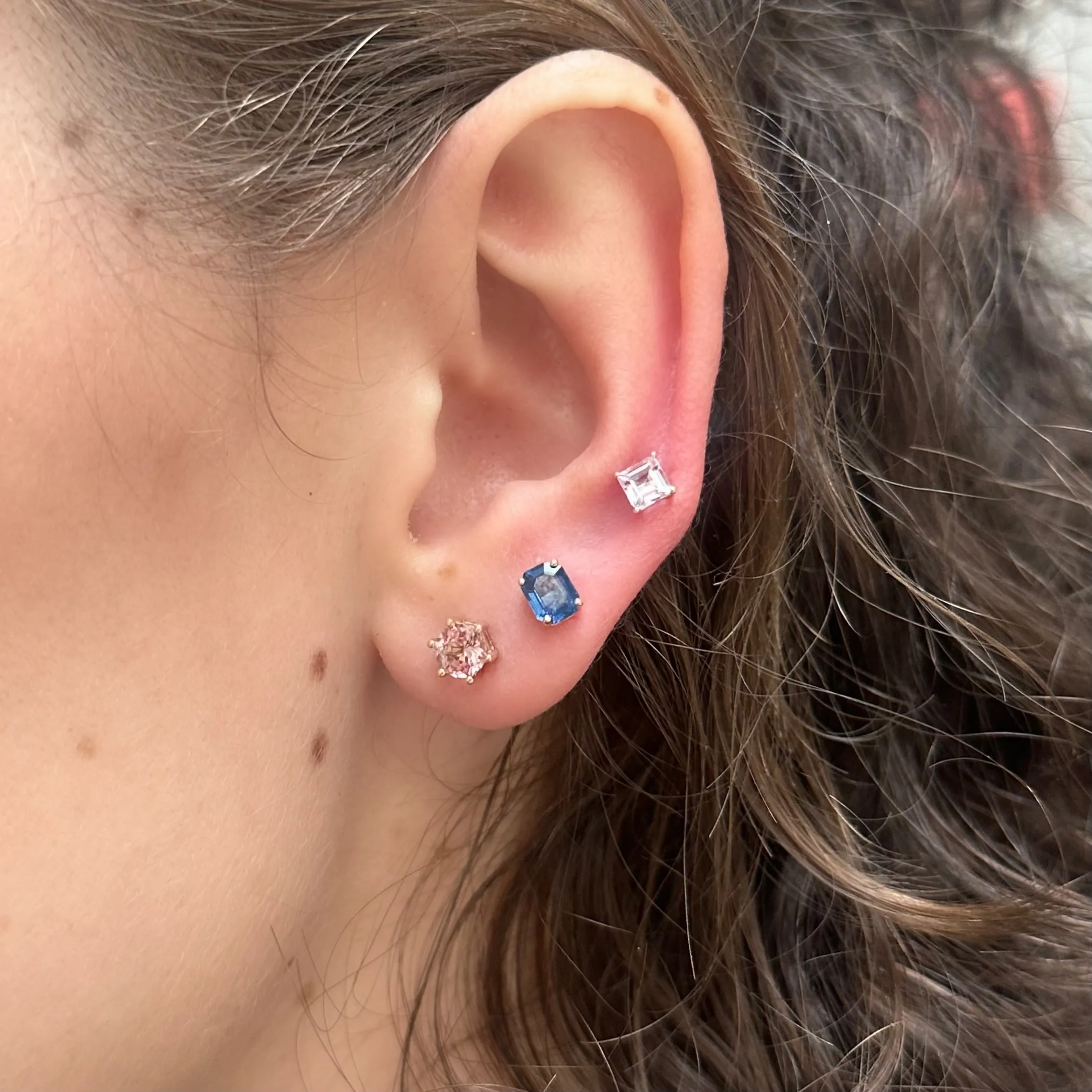 Emerald Cut Blue Sapphire Sprinkle Stud Earrings