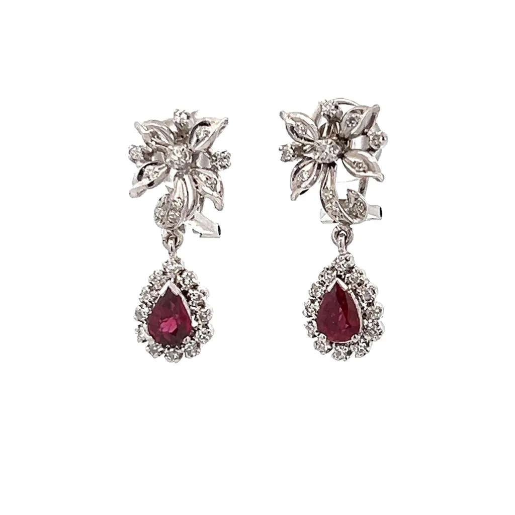 Estate 14K White Gold 0.50ctw Ruby & Diamond Floral Drop Earrings