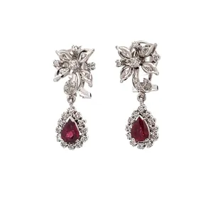 Estate 14K White Gold 0.50ctw Ruby & Diamond Floral Drop Earrings