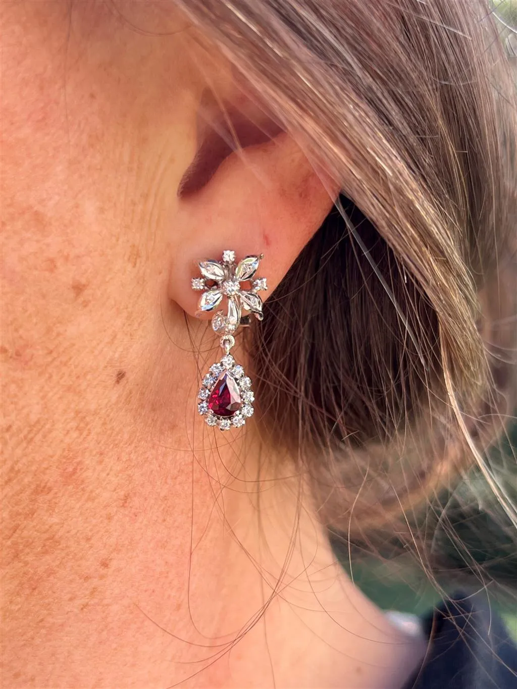 Estate 14K White Gold 0.50ctw Ruby & Diamond Floral Drop Earrings
