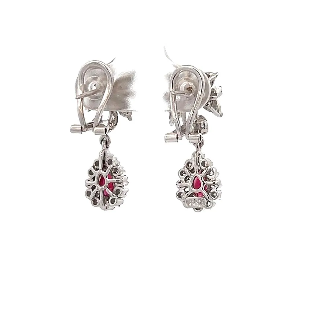 Estate 14K White Gold 0.50ctw Ruby & Diamond Floral Drop Earrings