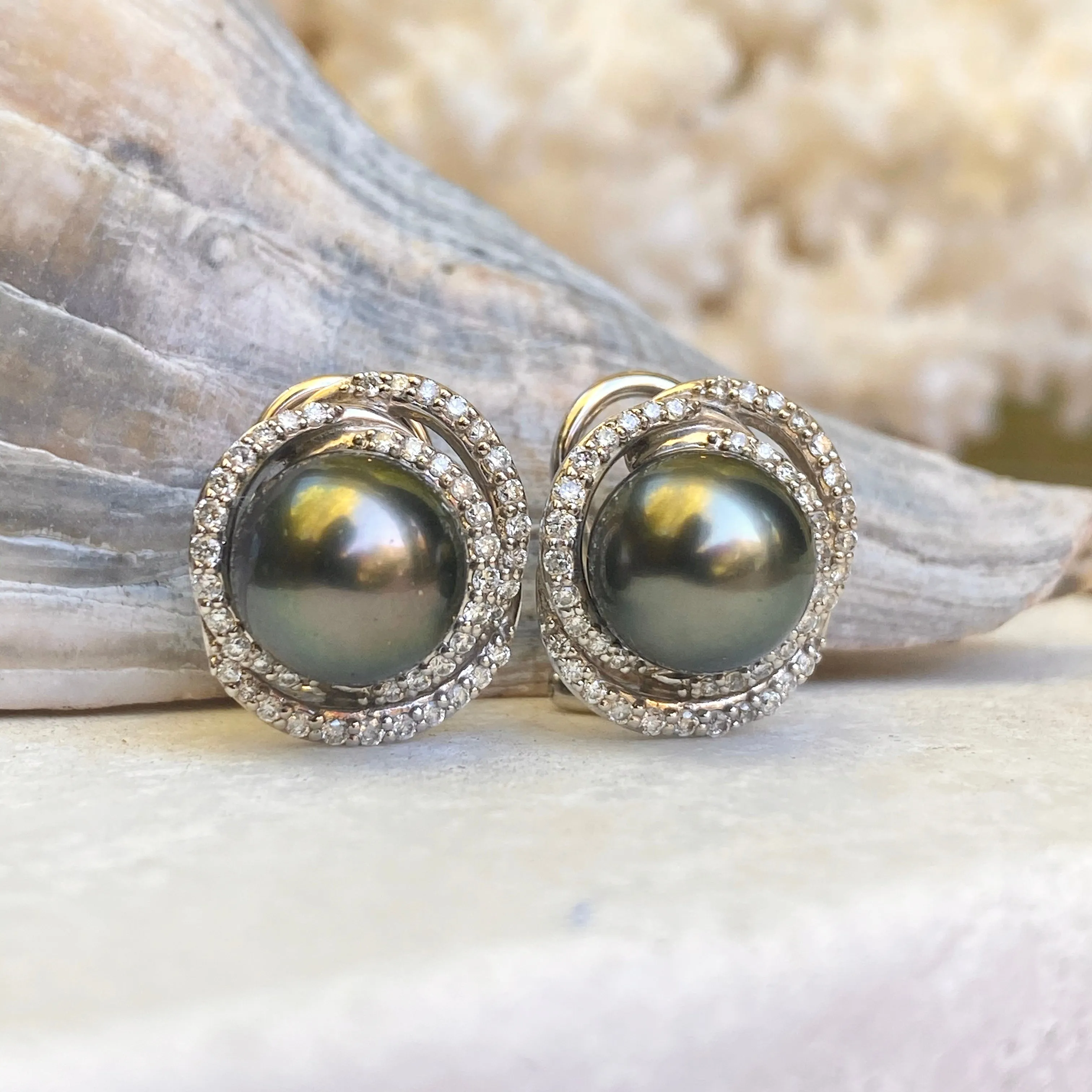 Estate 14KT White Gold Gray Tahitian Pearl   Pave Diamond Omega Back Earrings