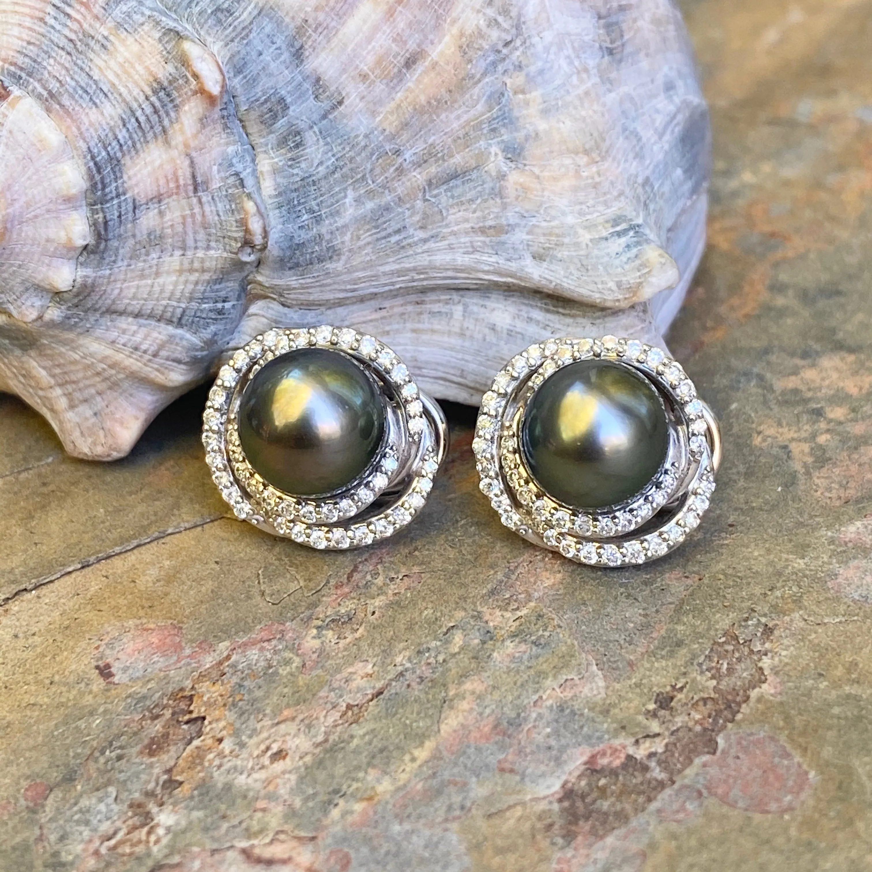 Estate 14KT White Gold Gray Tahitian Pearl   Pave Diamond Omega Back Earrings