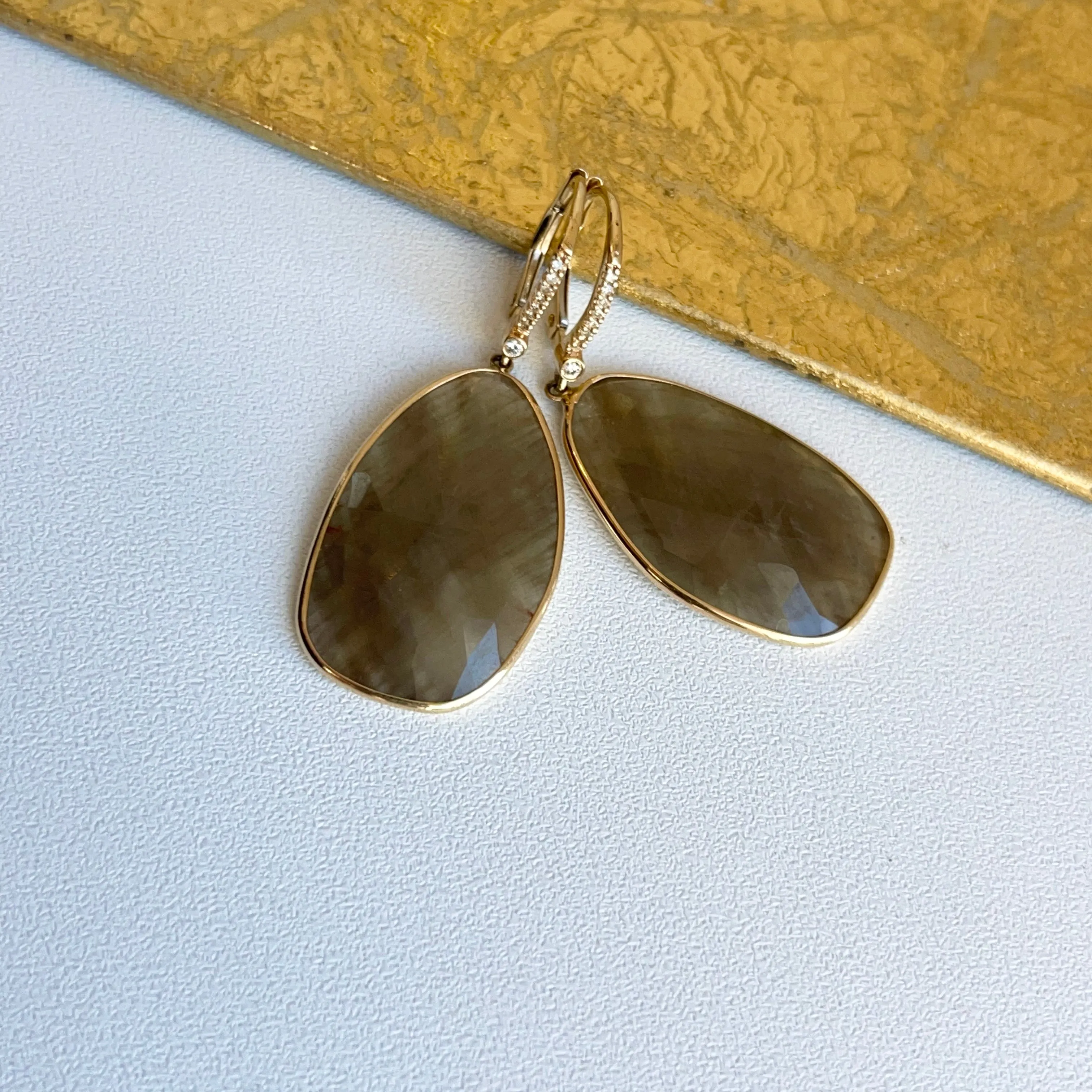 Estate 14KT Yellow Gold Faceted Green Sapphire   Pave Diamond Lever Back Earrings
