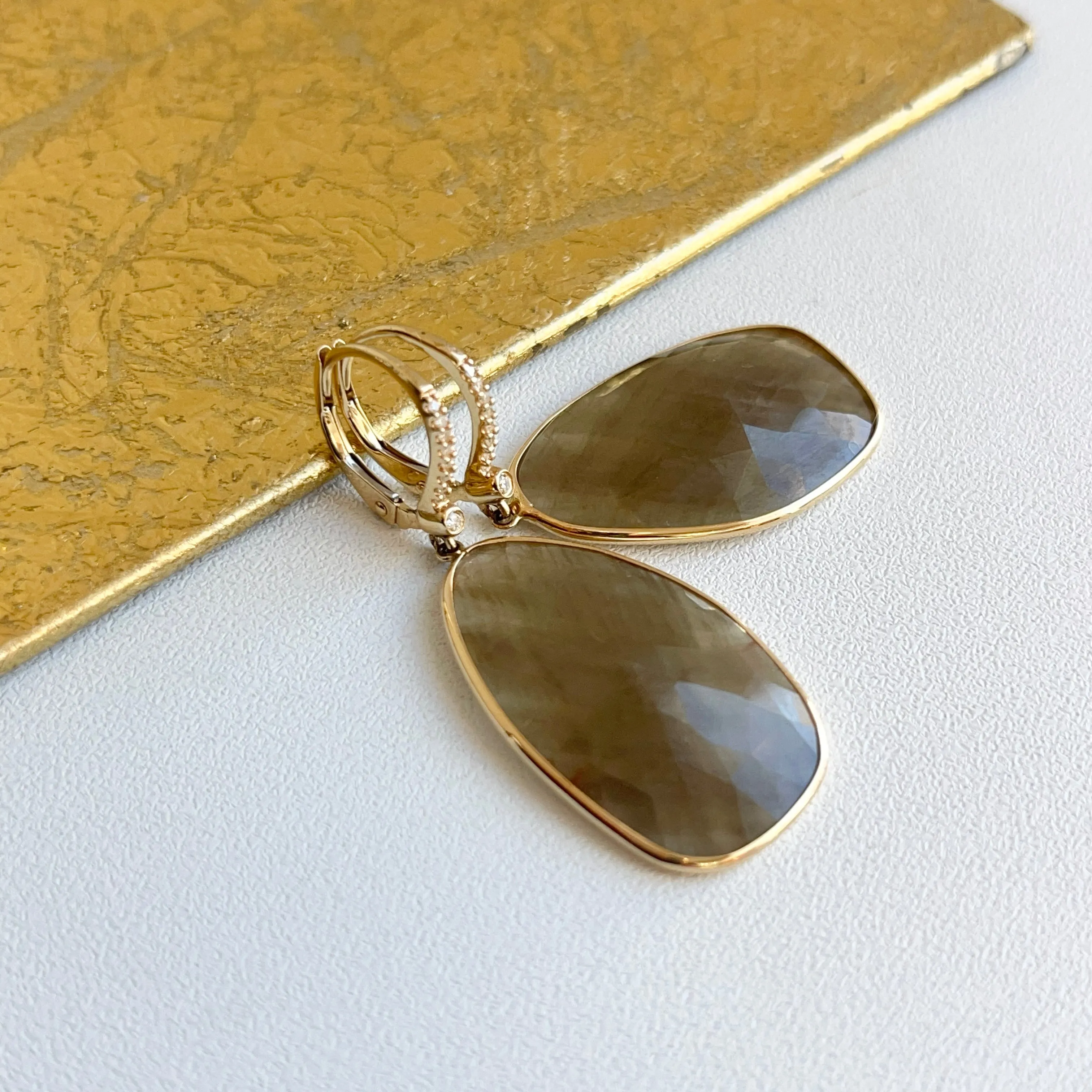 Estate 14KT Yellow Gold Faceted Green Sapphire   Pave Diamond Lever Back Earrings