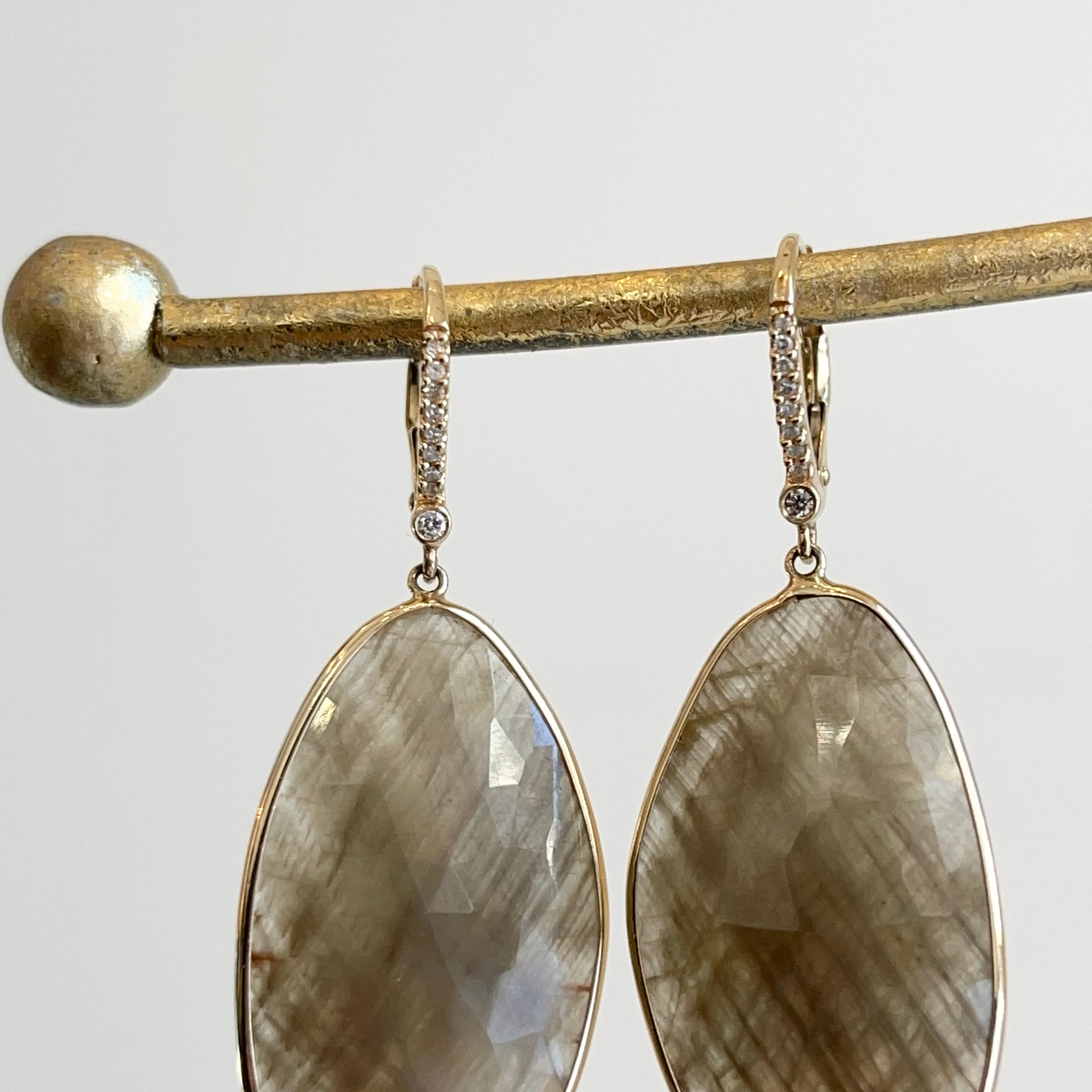 Estate 14KT Yellow Gold Faceted Green Sapphire   Pave Diamond Lever Back Earrings