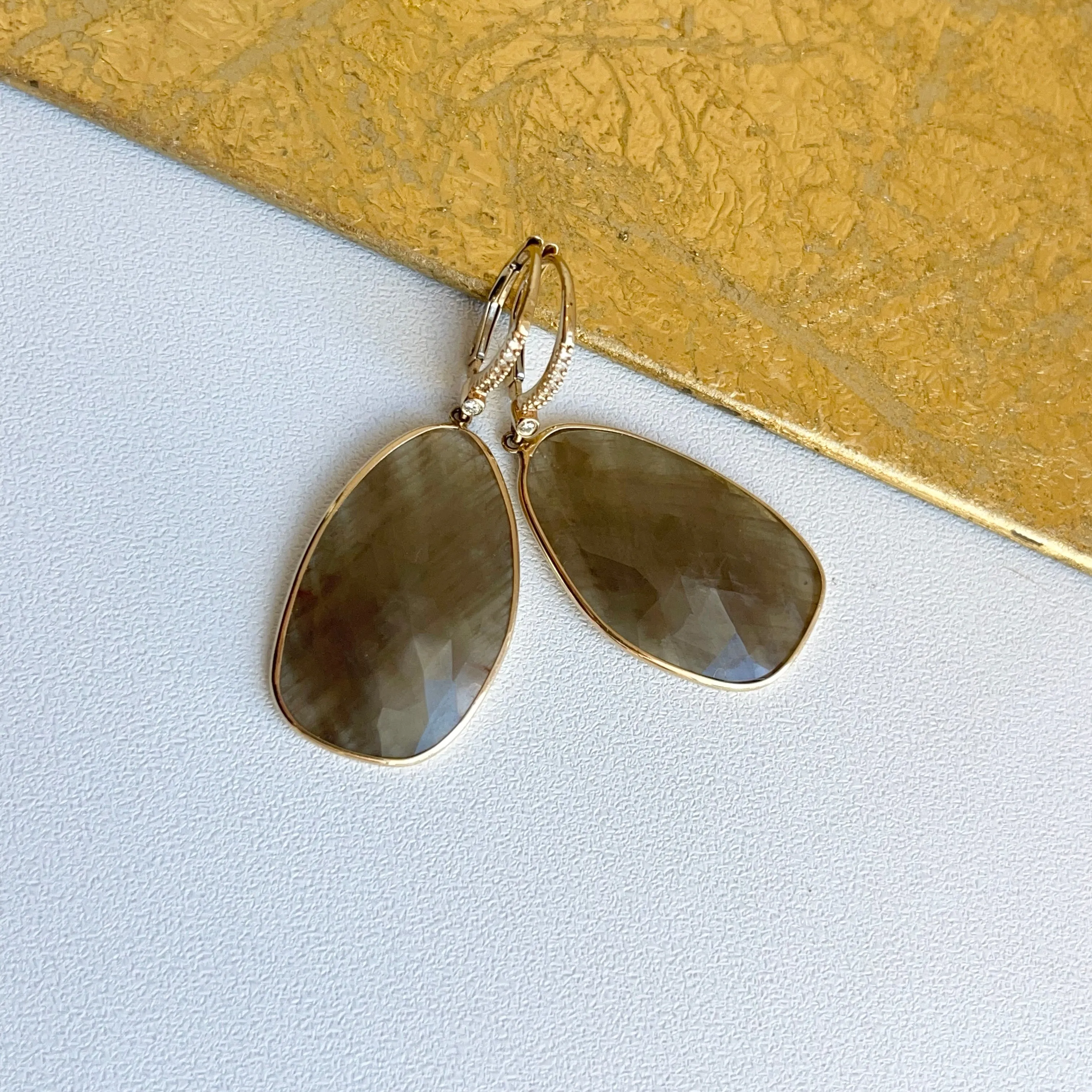 Estate 14KT Yellow Gold Faceted Green Sapphire   Pave Diamond Lever Back Earrings