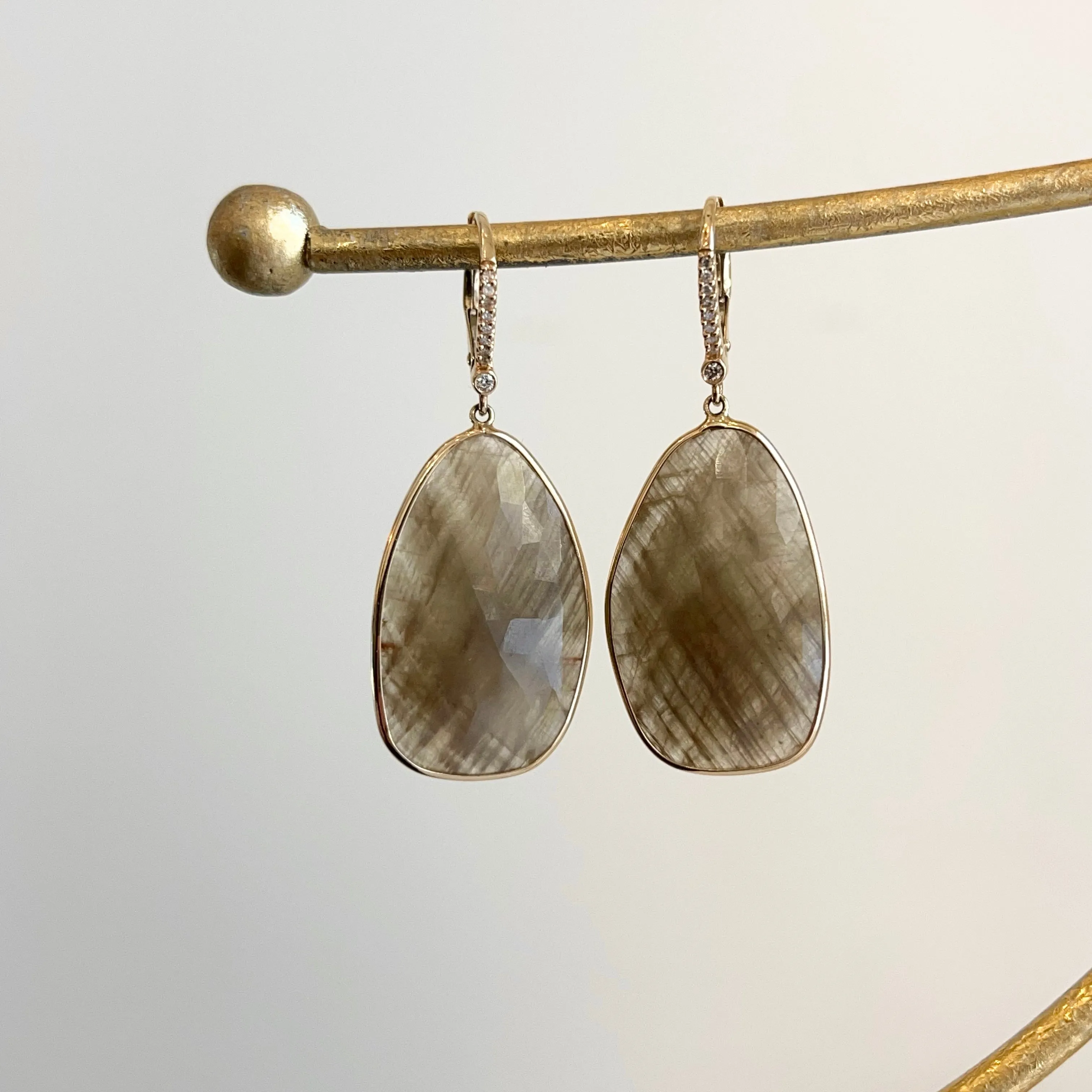 Estate 14KT Yellow Gold Faceted Green Sapphire   Pave Diamond Lever Back Earrings