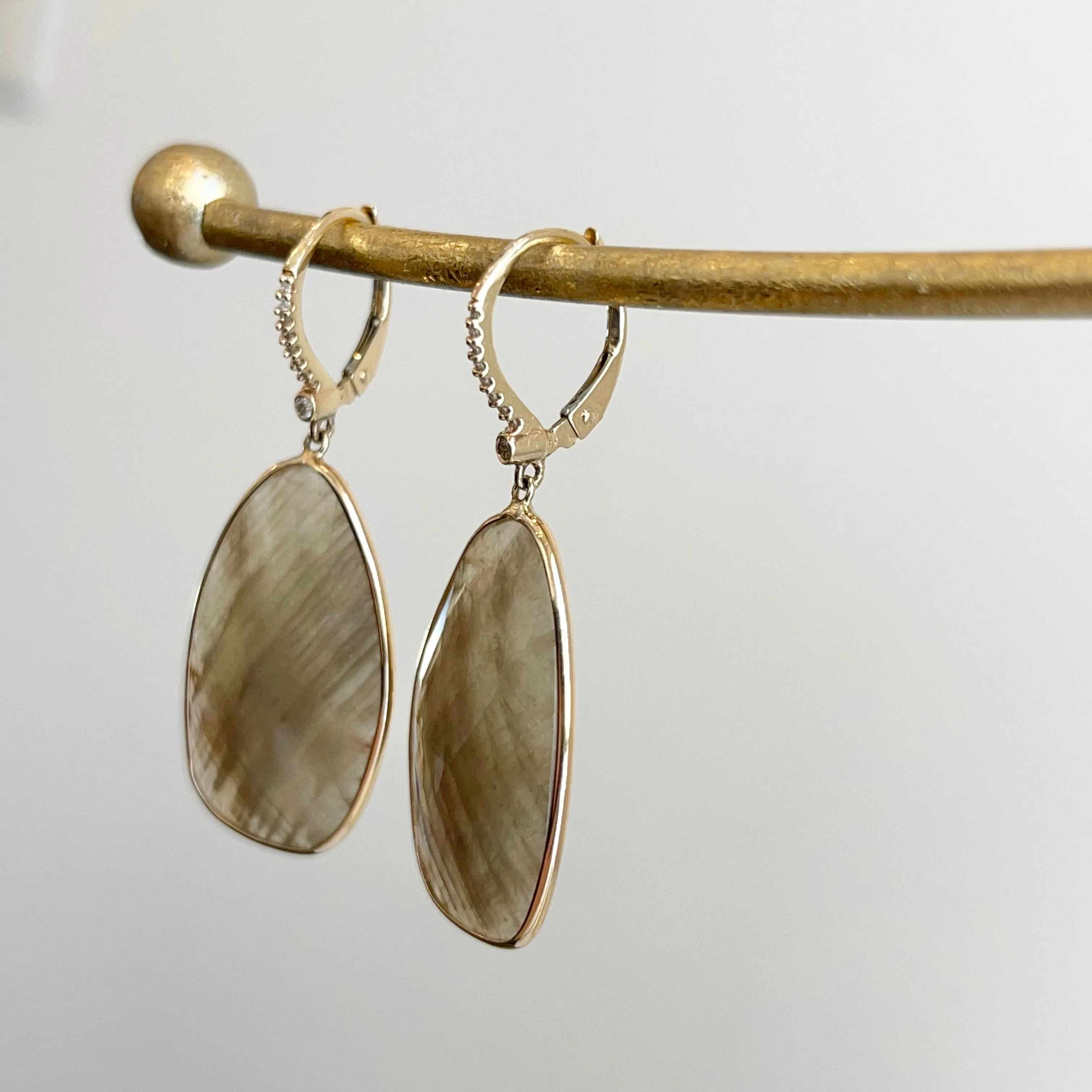 Estate 14KT Yellow Gold Faceted Green Sapphire   Pave Diamond Lever Back Earrings