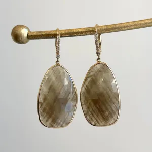 Estate 14KT Yellow Gold Faceted Green Sapphire   Pave Diamond Lever Back Earrings