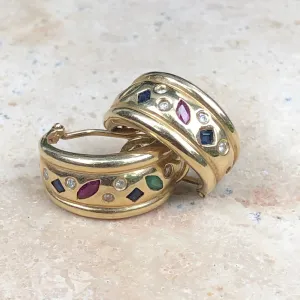 Estate 14KT Yellow Gold Sapphire, Ruby   Emerald Diamond Half-Hoop Earrings